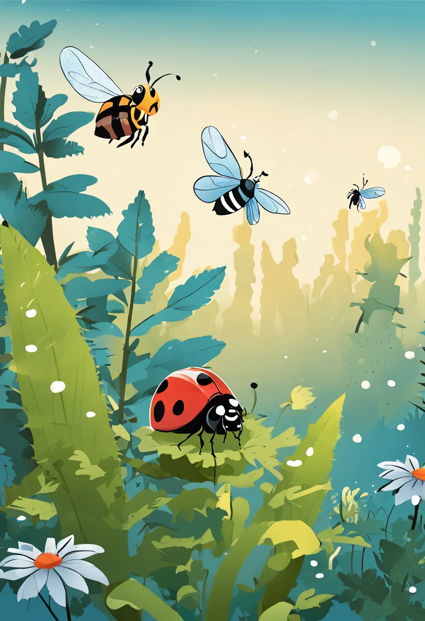 a cartoon image of an insect ladybug and a bee, forest, blue sky