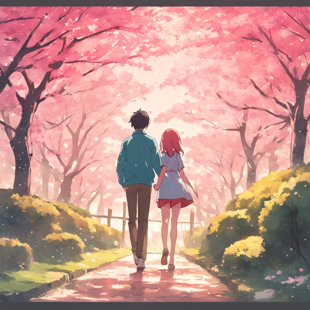 Romantic couple walking together in spring Japan garden. Anime flat illustration art style