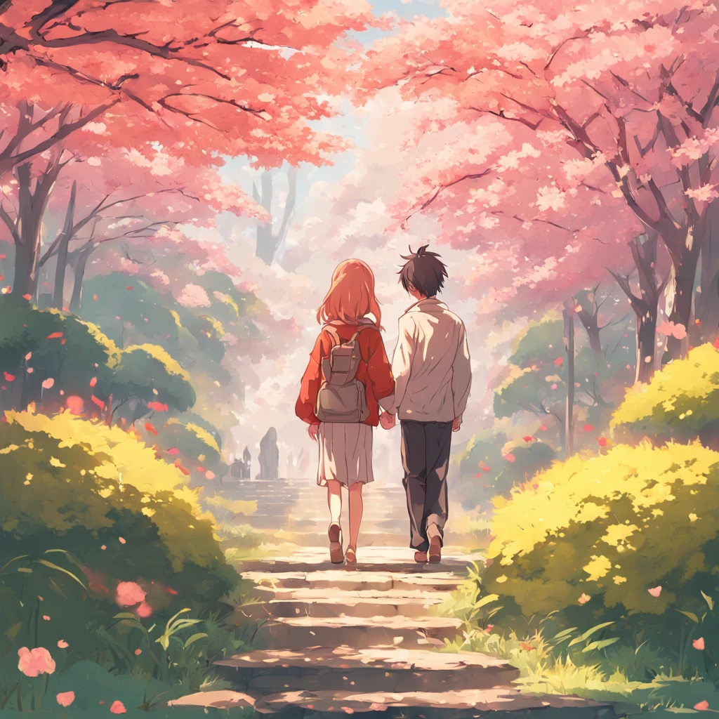 Romantic couple walking together in spring Japan garden. Anime flat illustration art style