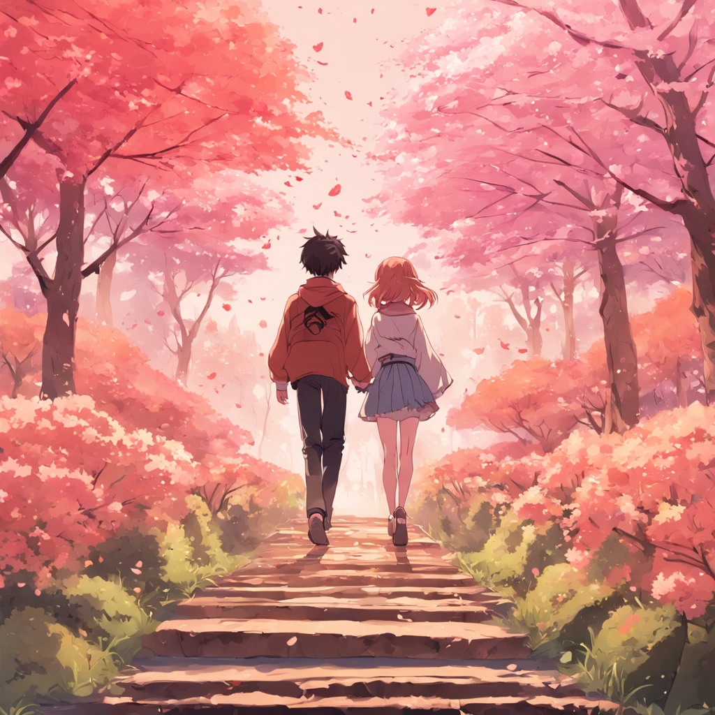 Romantic couple walking together in spring Japan garden. Anime flat illustration art style