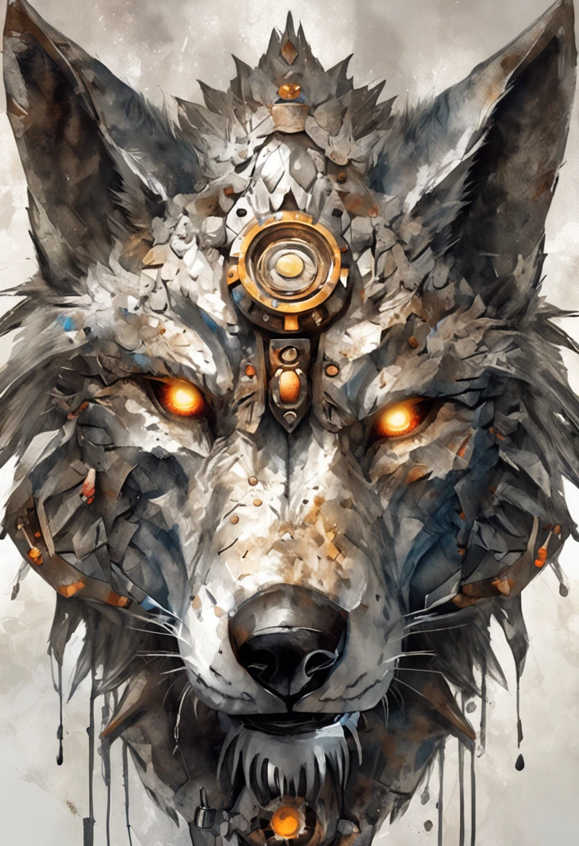 maximum quality, Dramatic lighting, menacing pose, fierce expression, epic atmosphere, (((wolf head shaped helmet))), (((full body shot))),a wolf made out of metal, cyborg, cyberpunk style, clockwork, ((intricate details)), hdr, ((intricate details, hyperdetailed)), incandescent lamps, cinematic shot, vignette, bokeh effect beckground, (canines), (full body shot).::n_style drawing, Low quality imperfection, doll, game, anime