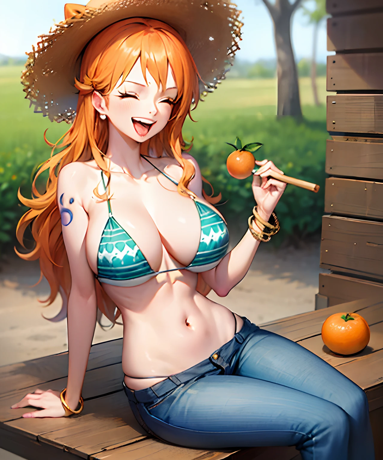 (bestquality,masterpiece) ,NamiOP, jewelry, smile, cleavage, earrings, swimsuit, bikini, open_mouth, bracelet, navel, collarbone, bikini_top_only, denim, pants, jeans, :d, groin, holding, closed_eyes, sitting, stomach, blue_pants, blurry_background, hat, solo_focus, blurry, food, fruit, orange_\(fruit\), holding_food, holding_fruit, mandarin_orange, straw_hat,