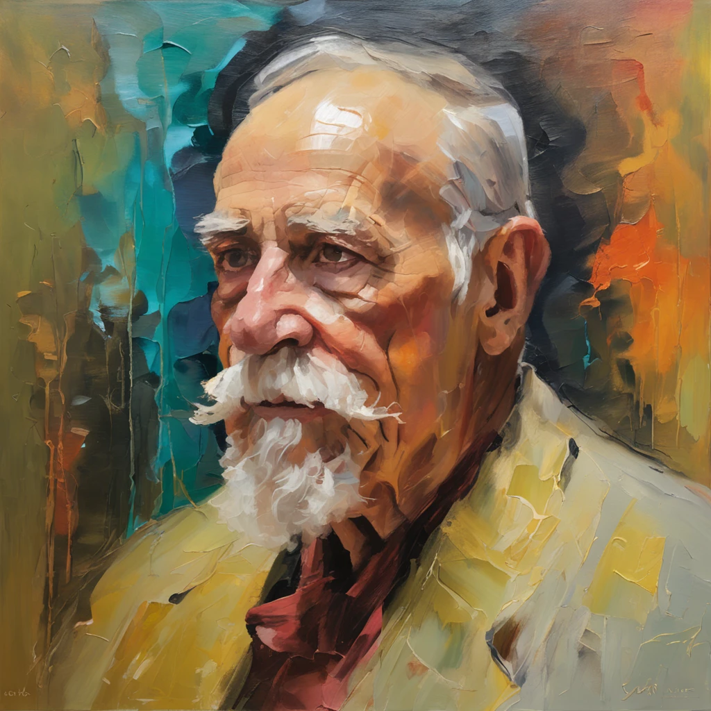 Oil Painting of an old handsome handsome old man with beard and mustache; oil painting, on canvas, on glass or oil; rendered, beautiful, 8k, object oriented ontology, elite, luxury, super wide shot, landscape, a variety of element;  sci-fi aquatic; subsurface scattering shiny translucent, wide shot, futuristic, light shafts and particle systems; subsurface scattering shiny