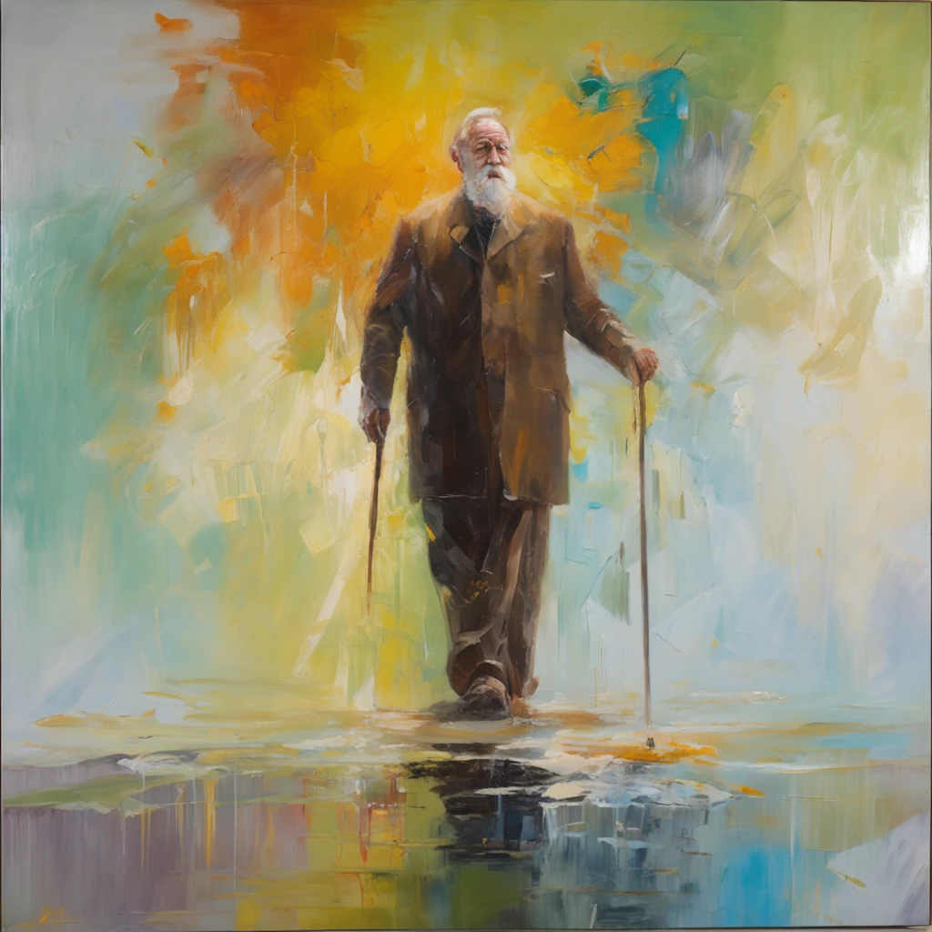 Oil Painting of an old handsome handsome old man with beard and mustache; oil painting, on canvas, on glass or oil; rendered, beautiful, 8k, object oriented ontology, elite, luxury, super wide shot, landscape, a variety of element;  sci-fi aquatic; subsurface scattering shiny translucent, wide shot, futuristic, light shafts and particle systems; subsurface scattering shiny