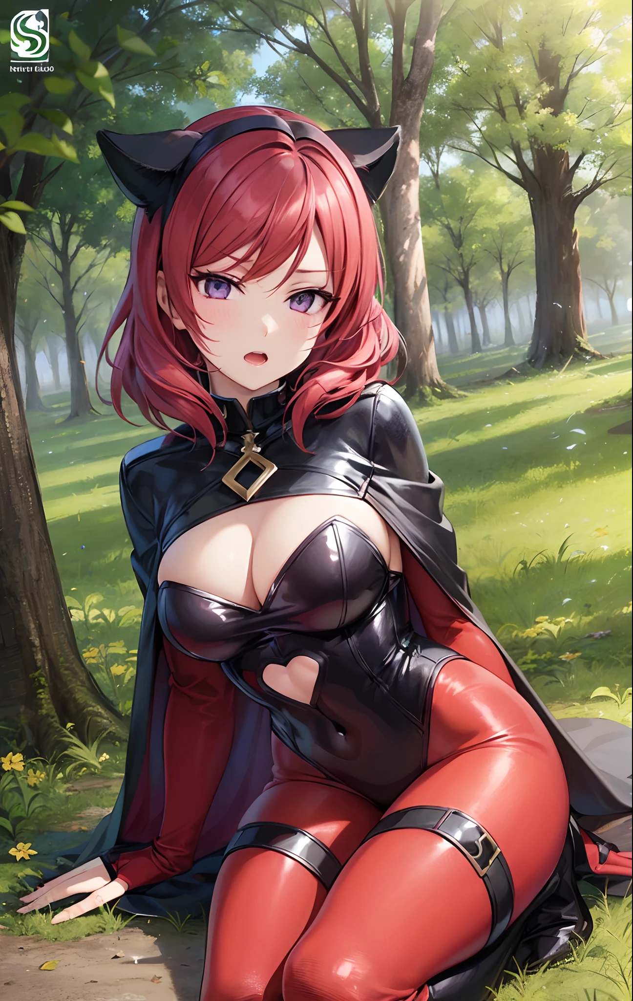 Nishikino maki, Purple eyes,((short red hair)), red bodysuit, cleavage cutout,on ground,defeat posture,hero cape, moaning