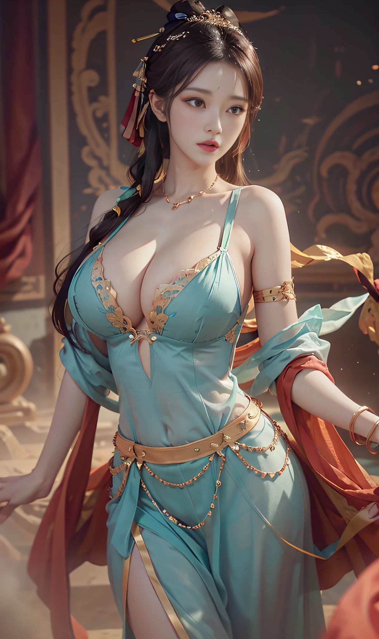 (Raw Photos, Bestquality), Bestquality, Extremely Detailed, a masterpiece, Ultra detailed, illustration, A GIRL, (huge boobs,cleavage), dynamic angle, Bestquality, extremely detailed CG unity 8k壁纸,movie lights,Dunhuang style
