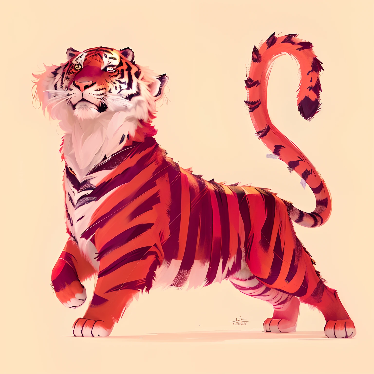 There is a painting of a tiger with red stripes, Anthropomorphic tiger, ((Tiger)), Tiger_beast, A high resolution, pink tigers, Tiger, Tiger stripe, The tiger is smiling,Surrealism,super detail,high detail
