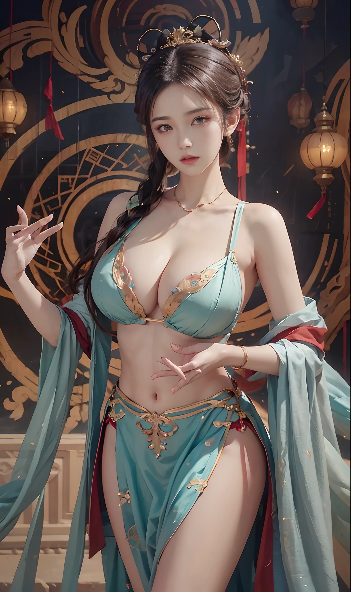 (Raw Photos, Bestquality),  Bestquality, Extremely Detailed, a masterpiece, Ultra detailed, illustration,  A GIRL, (huge boobs，cleavage), dynamic angle, Bestquality, extremely detailed CG unity 8k壁纸，movie lights，Dunhuang style