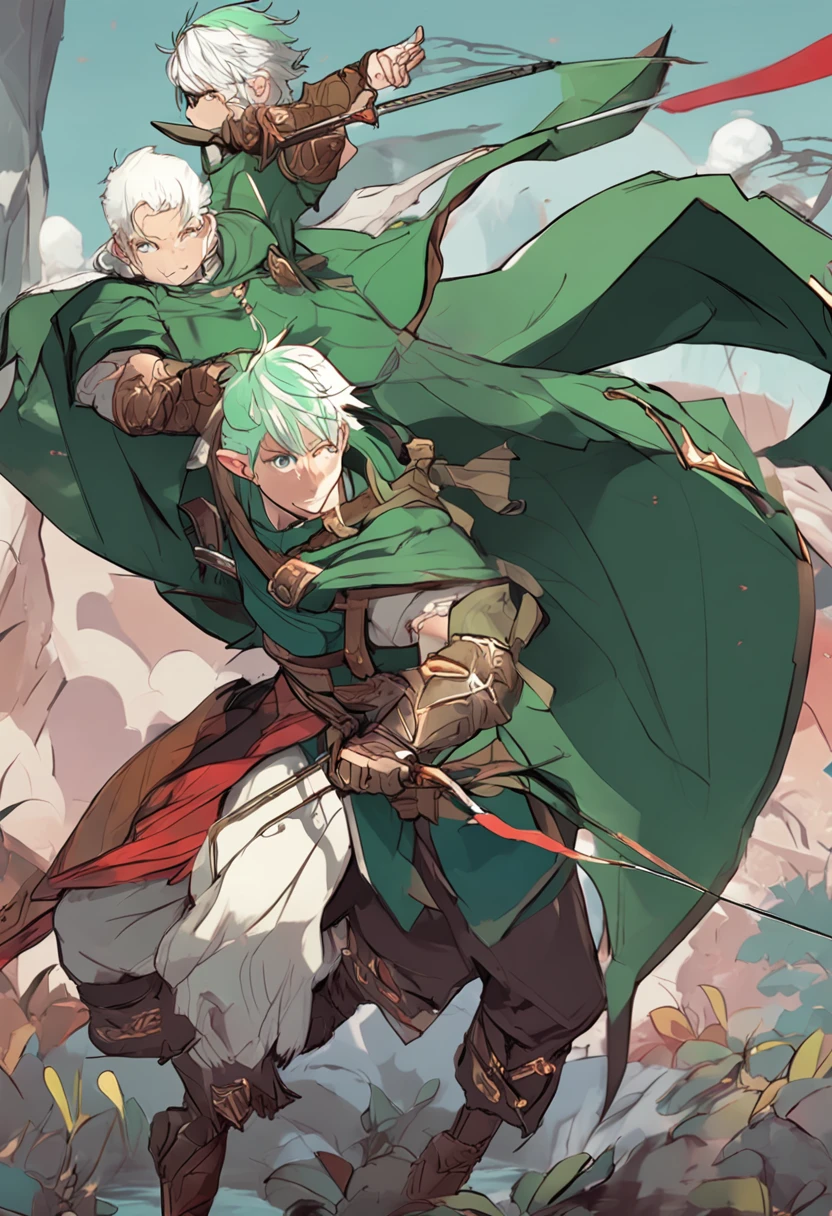 In Japanese anime style, imagine an adult Elf man with short, green hair holding a shield and a spear in each hand. --auto