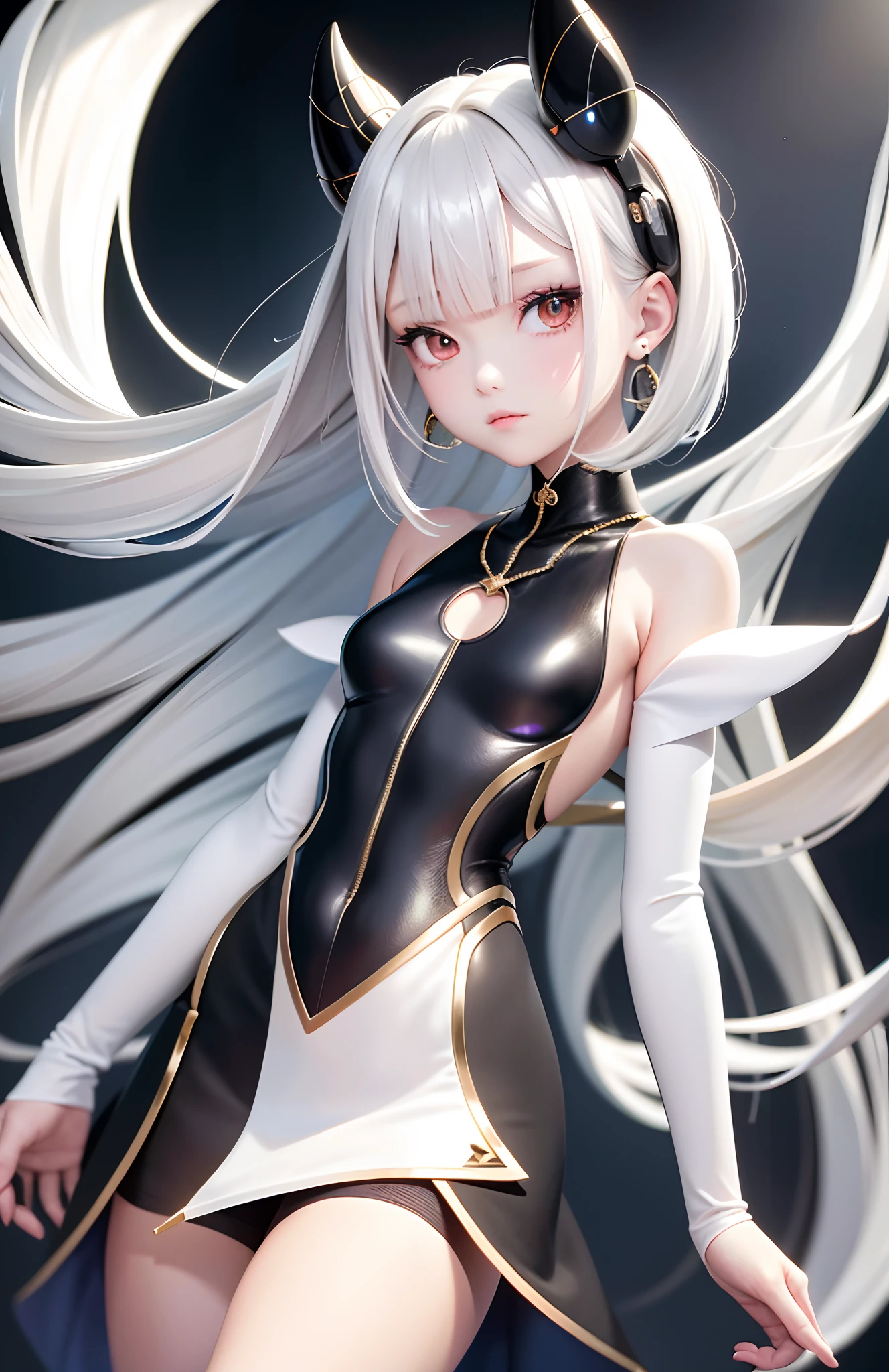 optimum,tmasterpiece,A high resolution,best qualtiy,hyper HD,super detailing,Award-Awarded,16k,独奏,(The upper part of the body),anatomy correct,Beautiful cyberpunk girl,cute face,,Gradient Beige Hair,Hairline,((Scarlet eyes)),long eyelasher,Hanging eye corners,White skin of the,(small boobs),(Slim body),((Small shoulder super short shawl coat)),((tutu)),ear studs,(neck rings),(Laser material clothing:1.2)