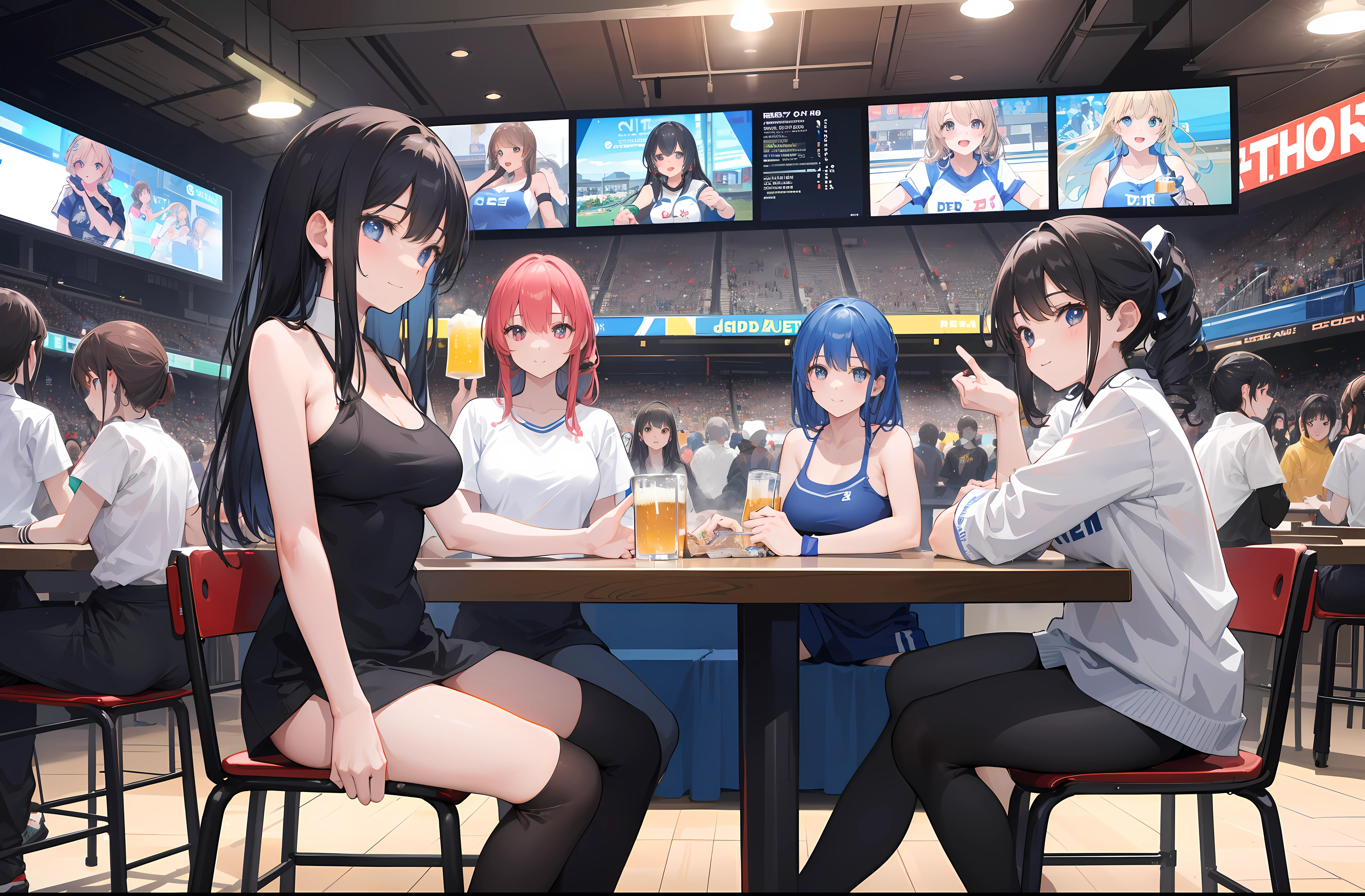 5girls sit down at the table in sports bar, beer and appetizer on the table, friend, fun, smile, , , watching sports on a monitor,
nighttime,
(Crowd people in the background, mens onlookers, being watched, crowd around:1.2)
absurd-resolution, ultra-detailed, best quality, ultra-detailed background,
