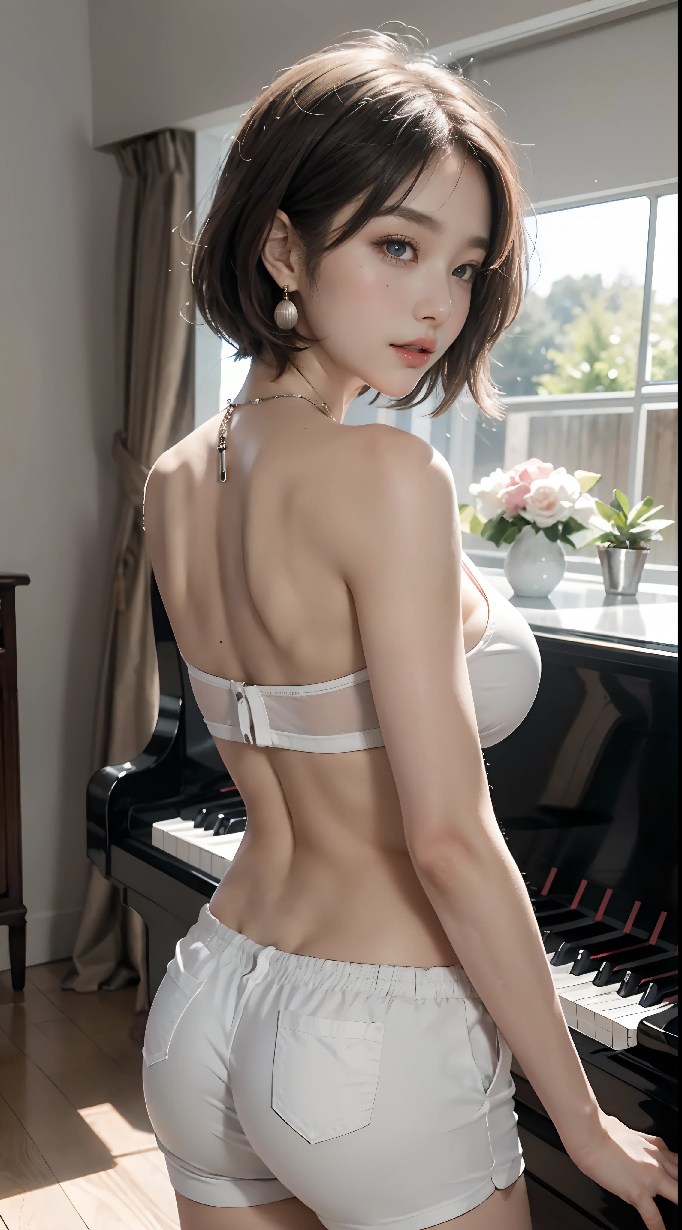 The highest image quality, Raw-Photo, The ultra-Highres, gentle smiling,  Korean, Big breasts, cleavage, Fair skin, shiny white skin, Short bob, Light silver hair, Neatly matching bangs, Cropped T-shirt, sportwear, running shorts, beautidful eyes, Beautiful eyes in random colors, Very thin lips, Beautiful eyes with details, Elongated eyes, pale pink cheeks, long eyeslashes, beautiful double eyelids, eyeshadows, beautiful thin legs, beautiful belly button, beautiful abs, Beautiful ribs, Earrings, necklaces, piano, living room, big size ass, Look from behind, view from behind, Beautiful back muscles