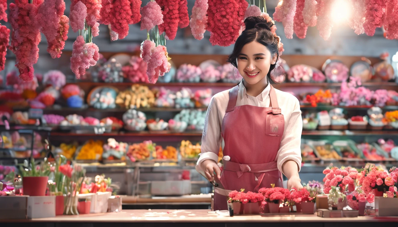 Best Quality、超A high resolution、fullllbody、Girl working in a flower shop、Making a bouquet、 Red glasses、A smile