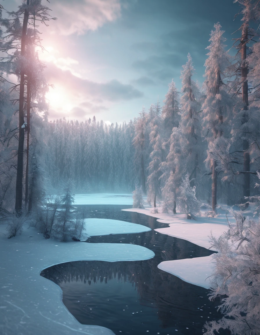 small lake surrounded by a frozen taiga forest, snow on the trees, winter, complex details, masterpiece, unreal atmosphere, cinematographic lighting, sharp focus, 4k, photo, digital art, fantasy style