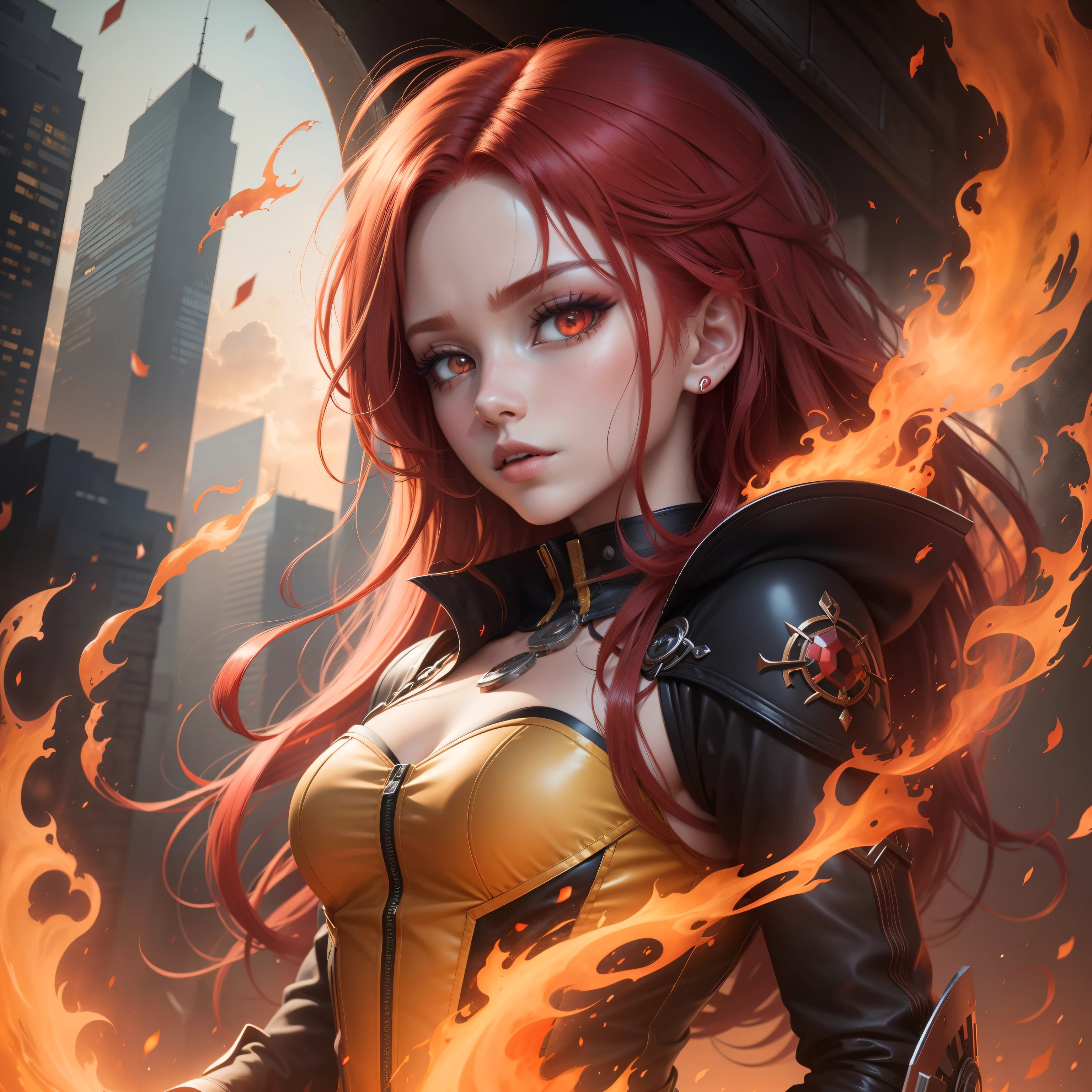 red fire hair, red hair, Surrealism, anime, anime style, 8k, super detail, masterpiece, high quality, a girl with fire mosaic dress, bright fire eyes,
