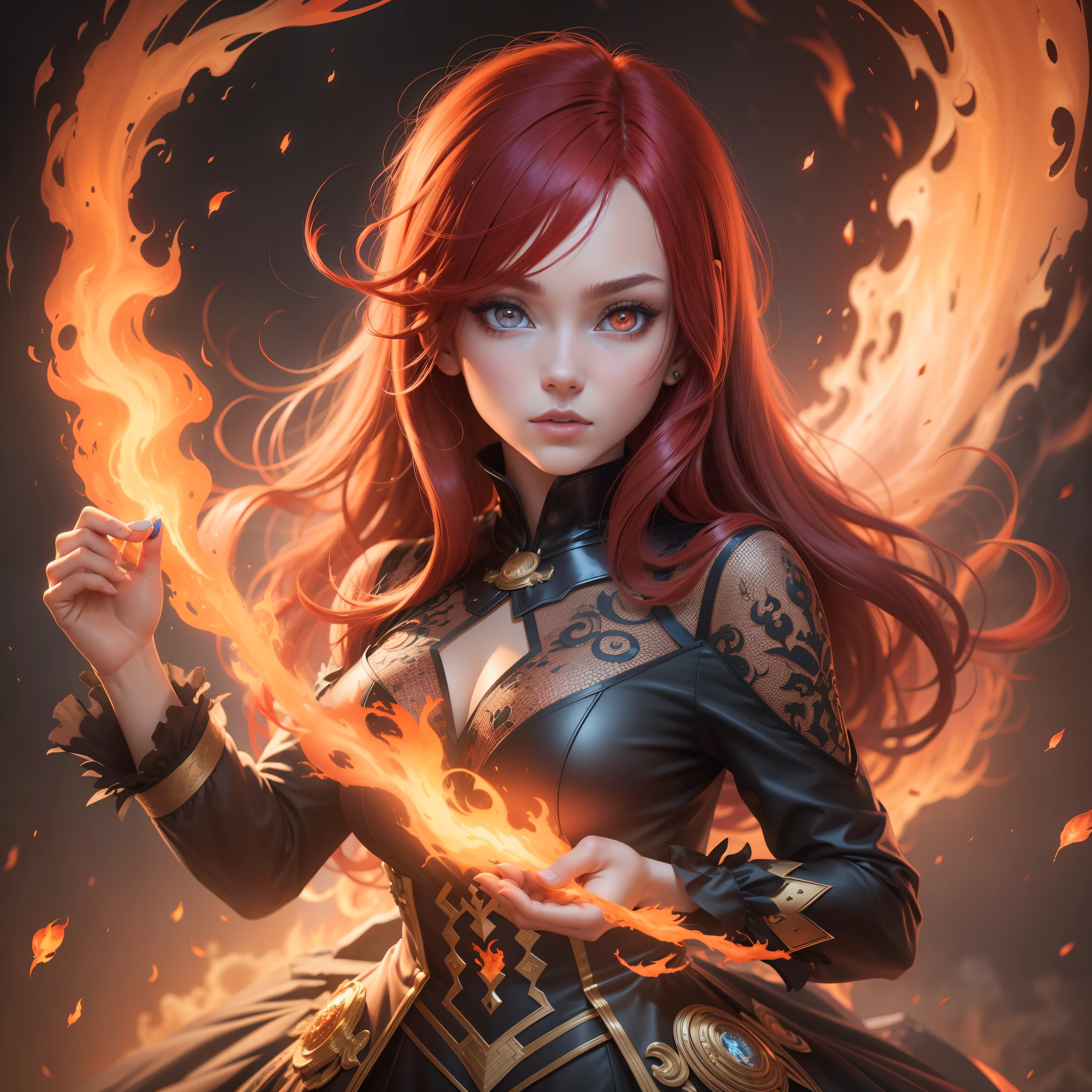 red fire hair, red hair, Surrealism, anime, anime style, 8k, super detail, masterpiece, high quality, a girl with fire mosaic dress, bright fire eyes,