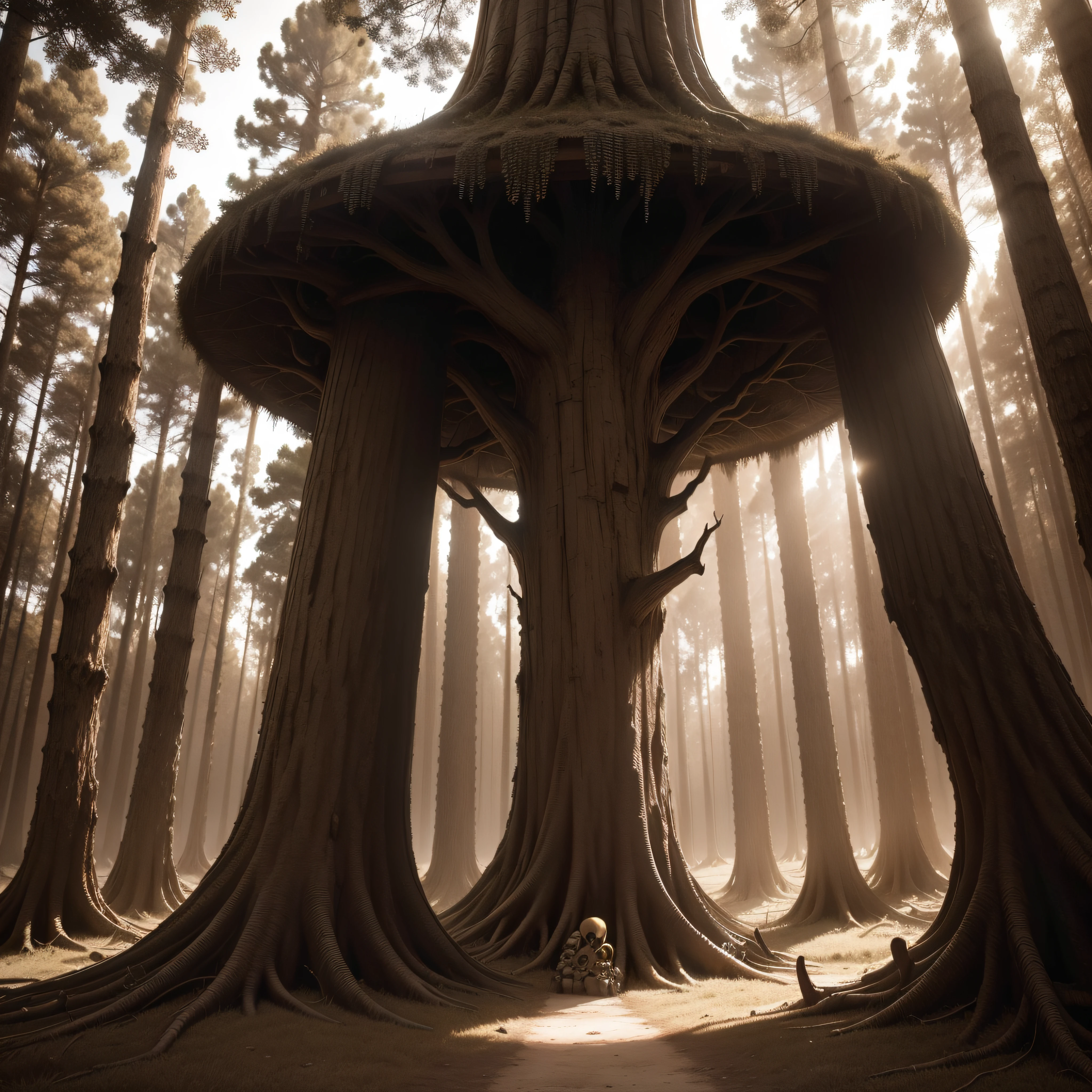 (extremadamente detallado, obra maestra, La mejor calidad, Tono sepia) bosque enorme, Skulls come out of tree trunks, ruinas. Daytime Lighting.