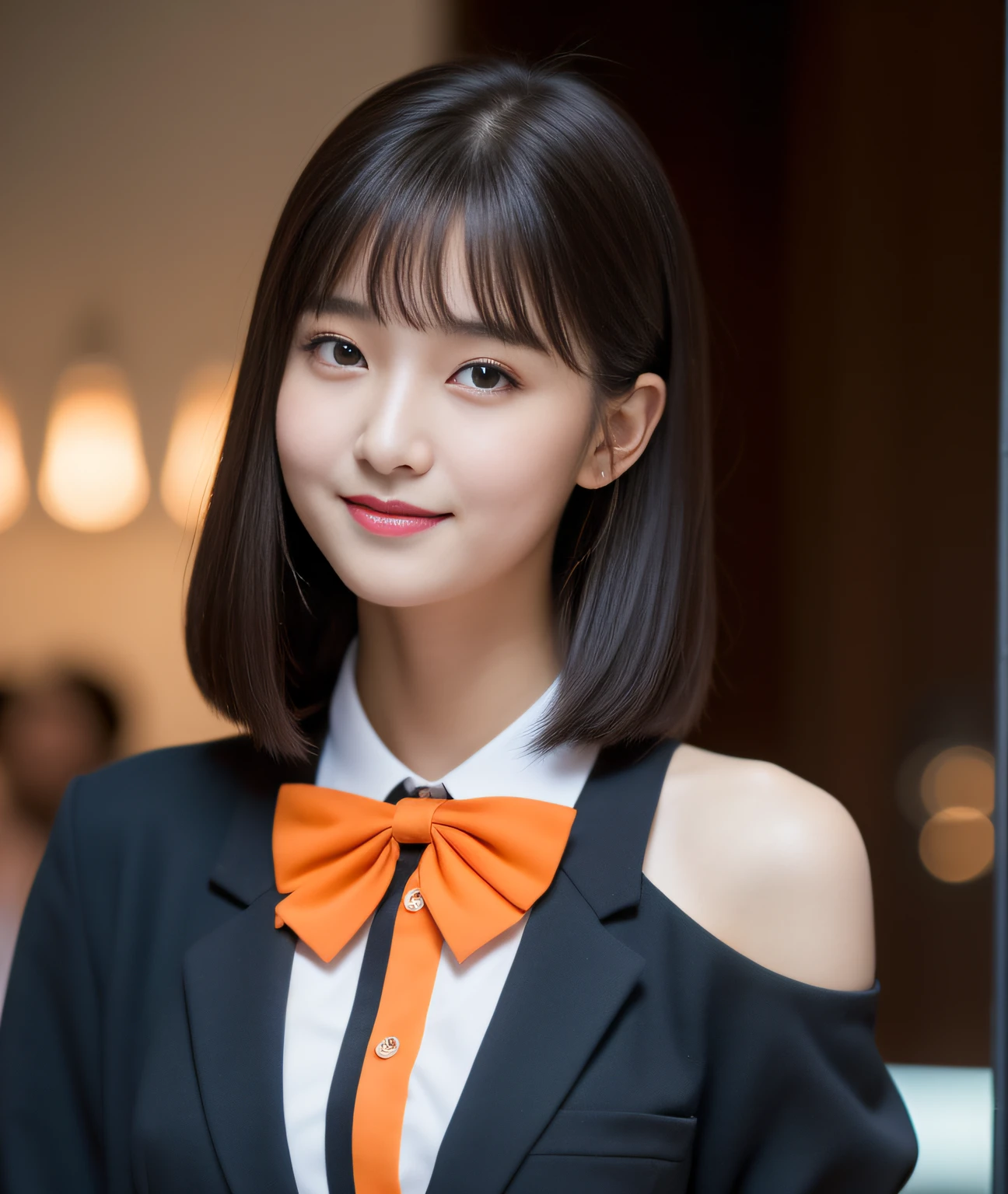 ((Best Quality, 8K, Masterpiece: 1.3)), a beauti, In addition, melon face, Friendly and cute, sweet smile, Pure desire, Slender body, (s whole body), (tilted head), ((looking at camera)), Medium Black Silky Straight Hair, Long flowing shoulders, round black big eyes, clear big eyes, moist red lips, Cafe shop background, ((full body shooting)), (Dark Orange Blazer, bows, Sock, High School Uniform: 1.2, ), (Middle breast)