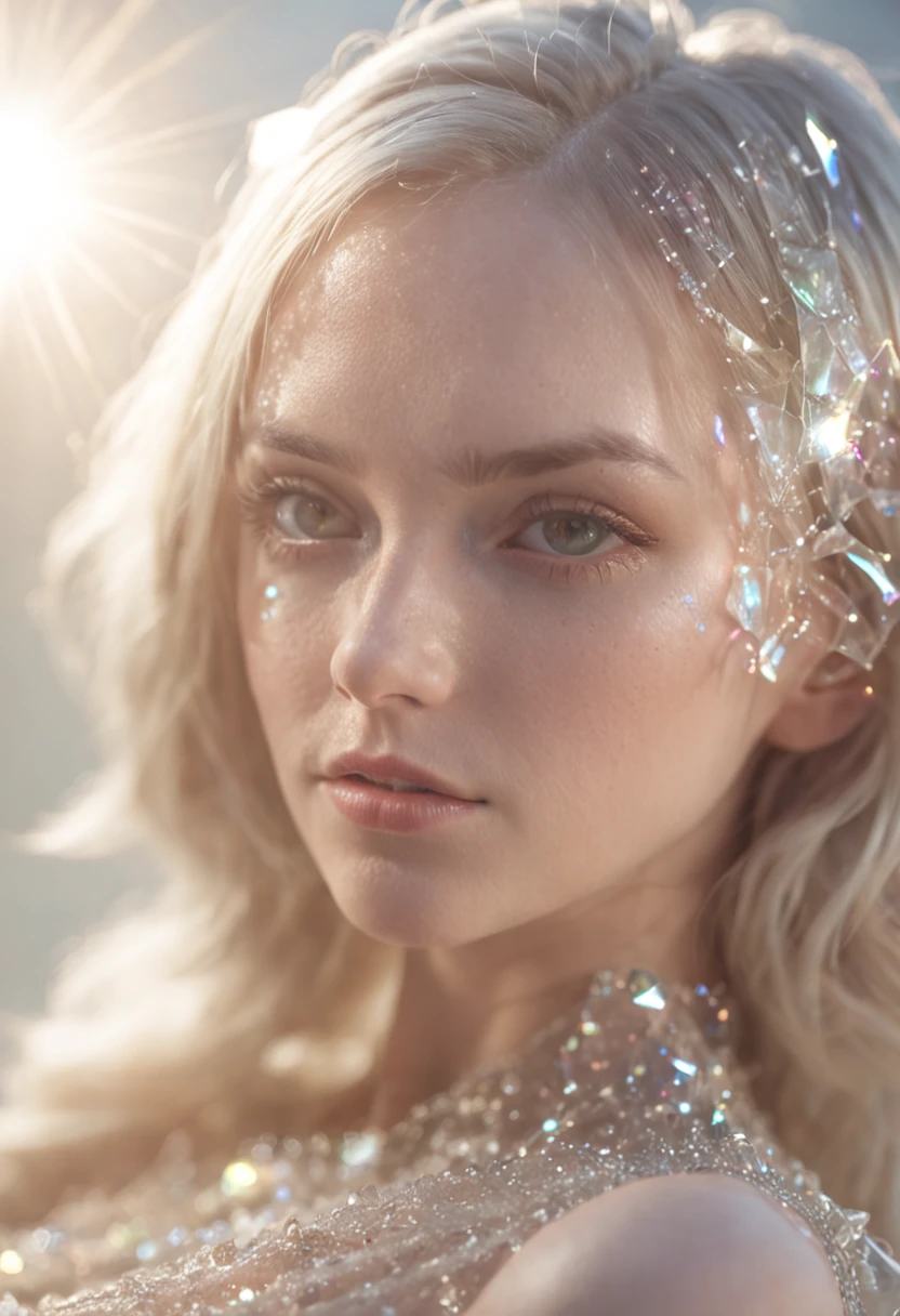 Glass hair, Glass clothes, 1girl, blonde, glossy hair, shattered, lying, crystal, light refraction, light particles, glowing lens flares