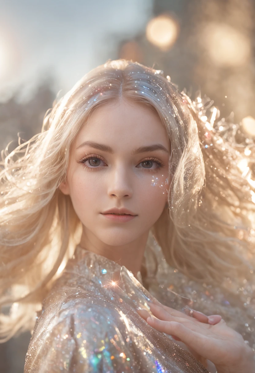 Glass hair, Glass clothes, 1girl, blonde, glossy hair, shattered, lying, crystal, light refraction, light particles, glowing lens flares