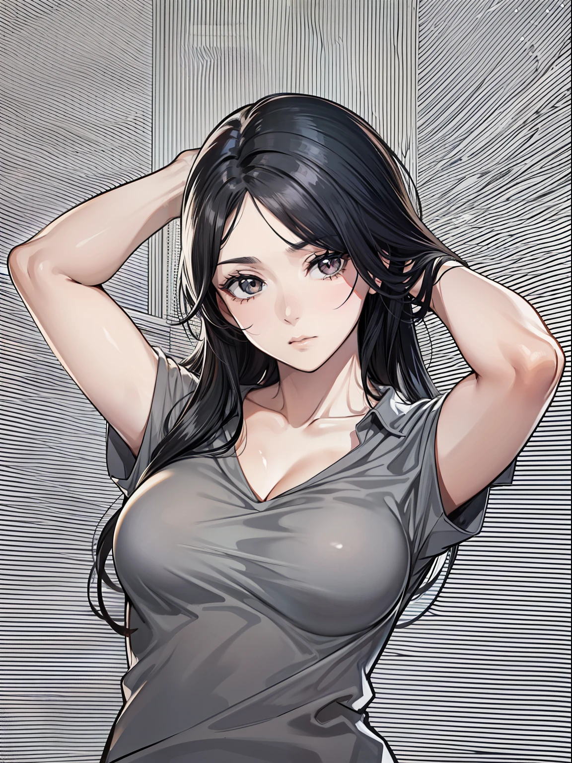 Beautiful woman, tomboy, 25 years old, long black hair, wearing a gray blouse, big breasts, photo showing face and breast, arms crossed back, expression would be for the camera, small scar on nose