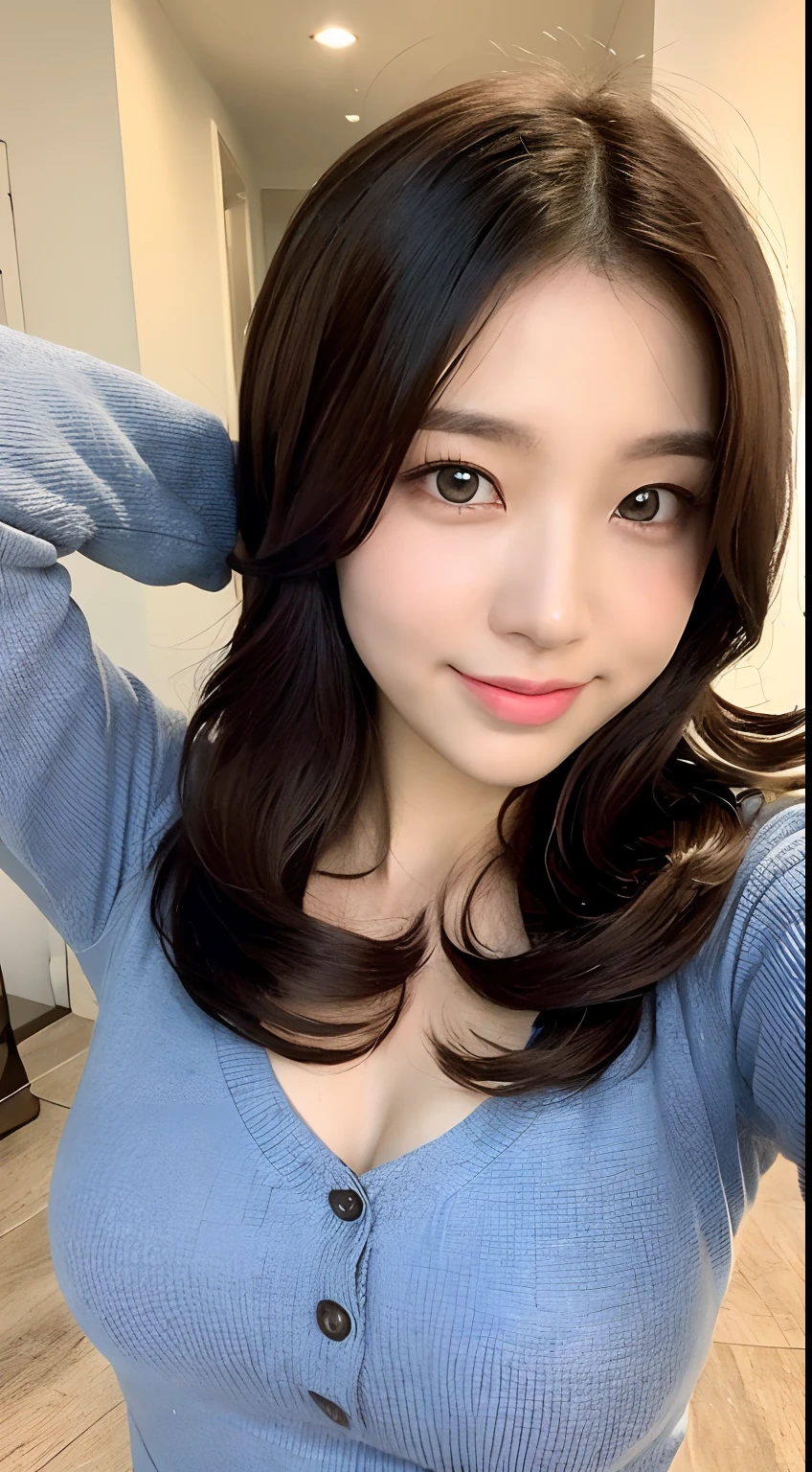 ((Best Quality, 8K, masutepiece: 1.3)), 1girl in, Slim Abs Beauty: 1.3, (Hairstyle Casual, :1.2), sexy dress, Super fine face, Delicate eyes, Double eyelids, Smile. Take pictures in cute poses, very low figure, Small waist, huge tit, zoomed close-up chest, Beautiful background,Kamimei