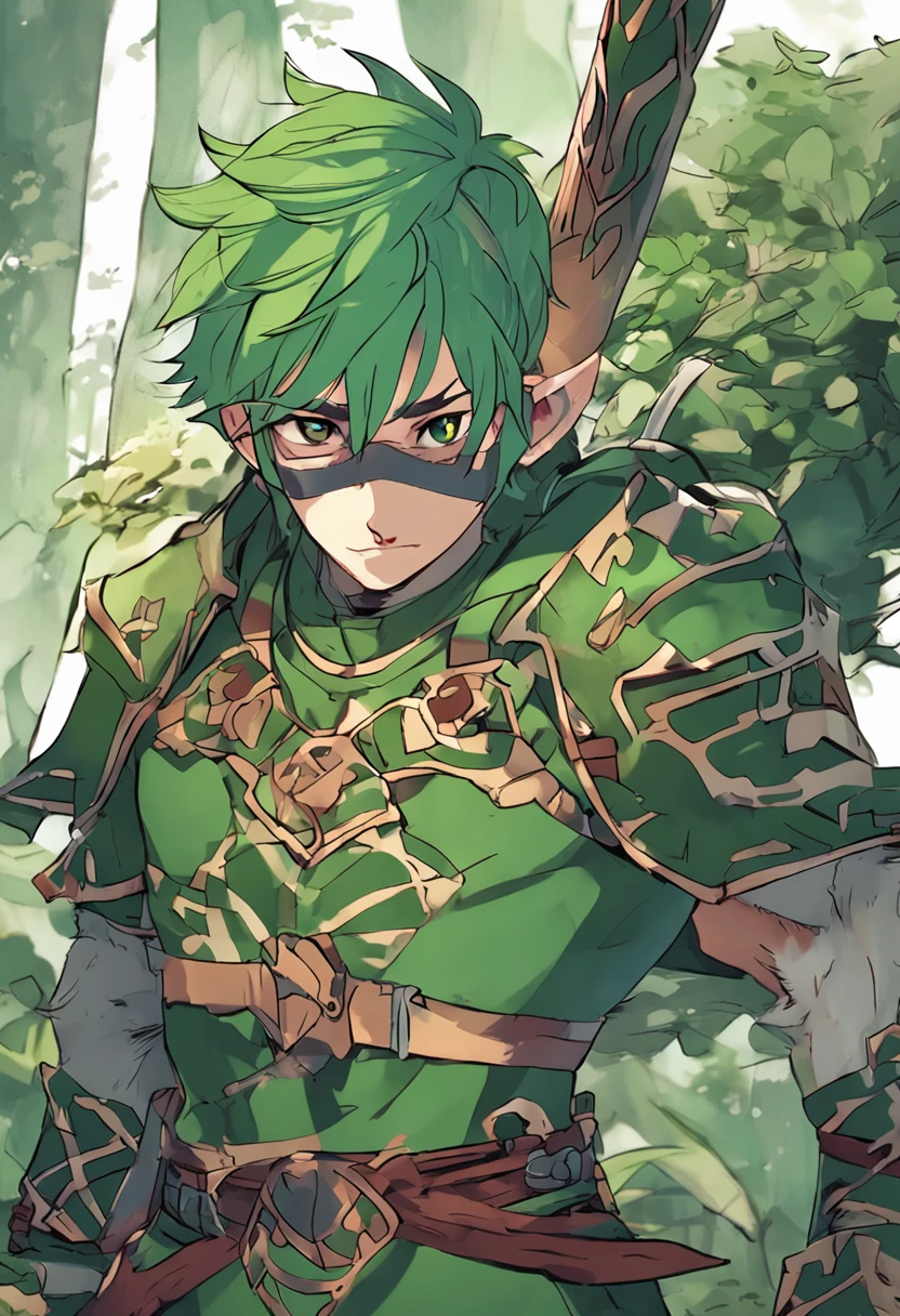 in Japanese anime style, imagine an adult forest elf man with short, green hair holding a shield and a spear in each hand. --auto