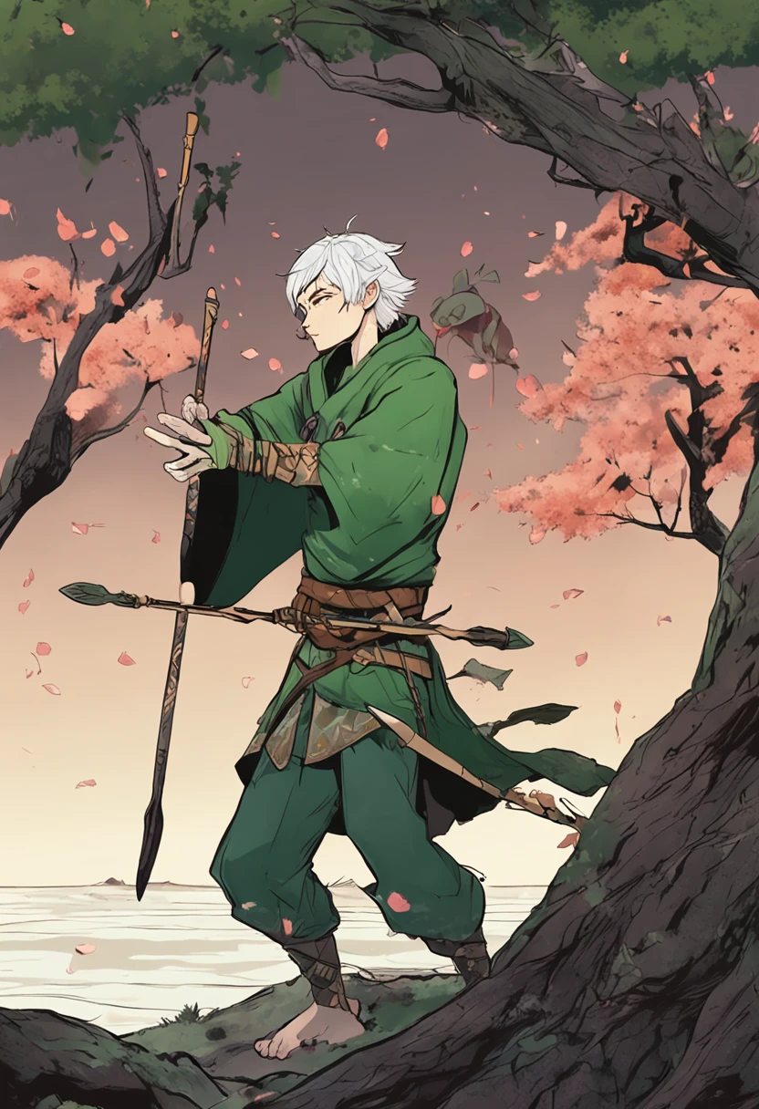 in Japanese anime style, imagine an adult forest elf man with short, green hair holding a shield and a spear in each hand. --auto