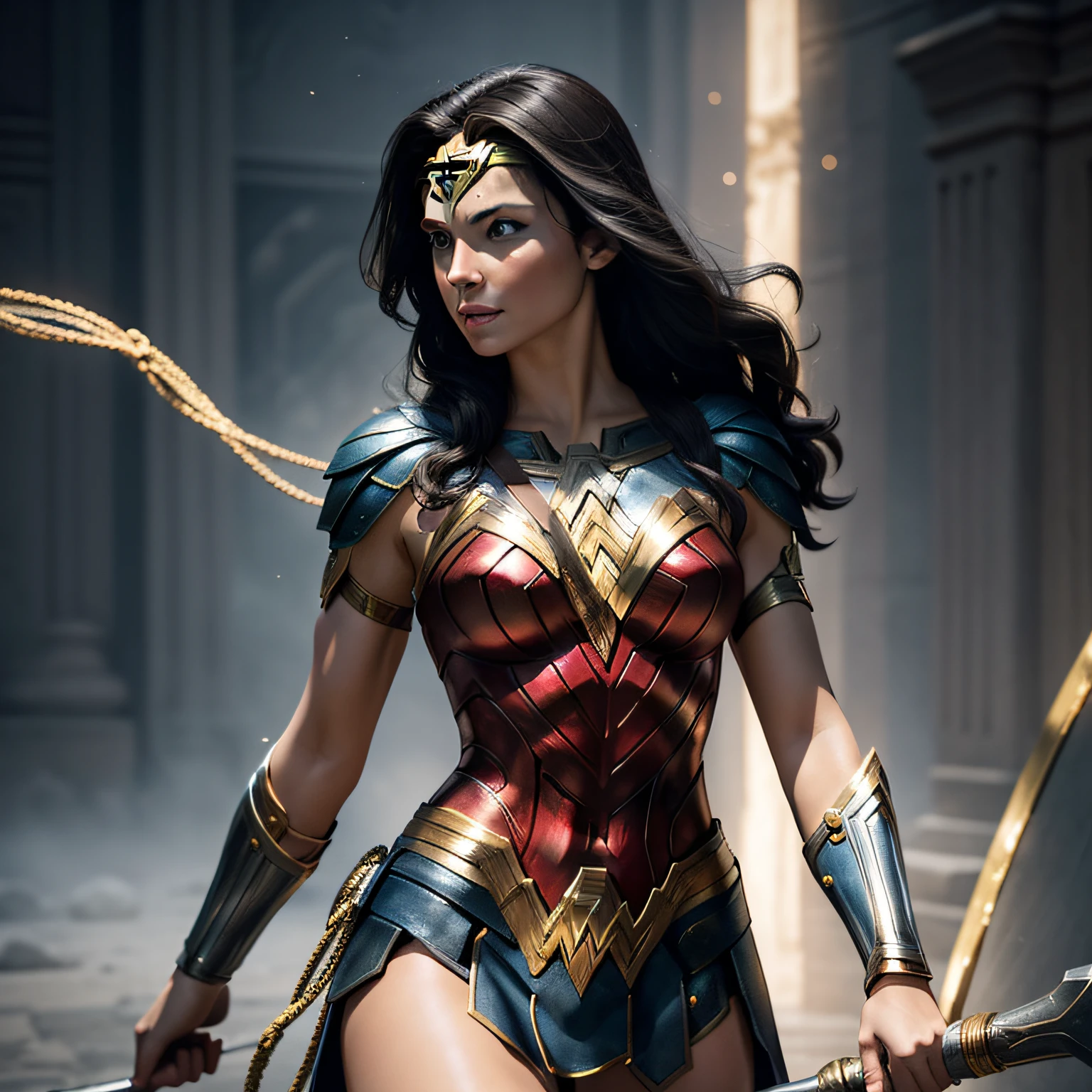 Art image of megan fox as a sexy Wonder Woman, busty, beautiful, black hair, large breasts, ancient Athens background, by Louis Royo, Boris Vallejo, Frank Frazetta, extreme focus, sharp details, sexy,
