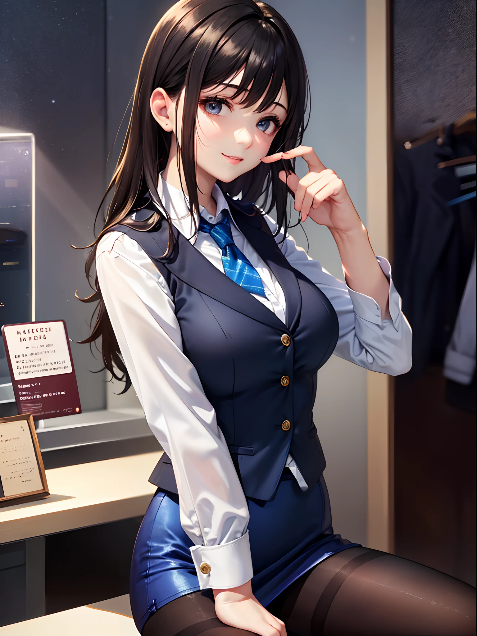 (top-quality: 1.3), (​masterpiece: 1.3), (The ultra-detailliert: 1.3), (wall-paper, one girls: 1.1)、(Detailed hands and fingers:1.2)、(Detailed ultra-oily shiny skin:1.1)、oily shiny thighhigh、receptionist、White shirt with collar and buttons、(Beautiful dark blue suit vest:1.4)、(Dark blue tight skirt:1.4)、(Black pantyhose:1.3)、Brown hair、ssmile、(Beautiful Large Breasts:1.3)、straight haired、Beautiful sister、sexypose、department store、Service Counter、stretch
