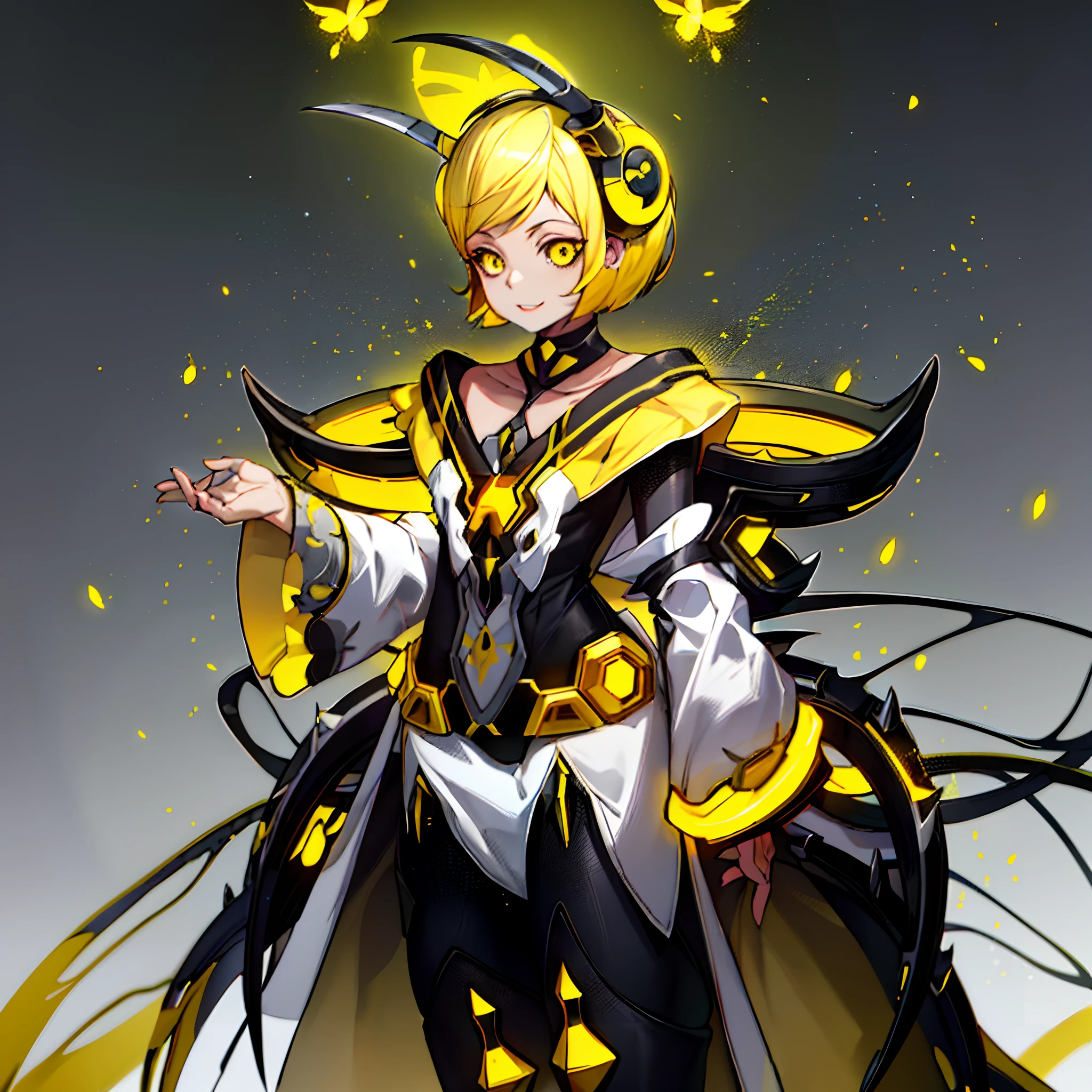 (solo), (anime character with yellow hair and a yellow and black outfit,) ((black sclera)), ((light yellow skin)), insect trainer girl, stylized anime, zerochan art, wakfu colors + symmetry, android heroine, ((bee girl)), mechanized witch girl, no type