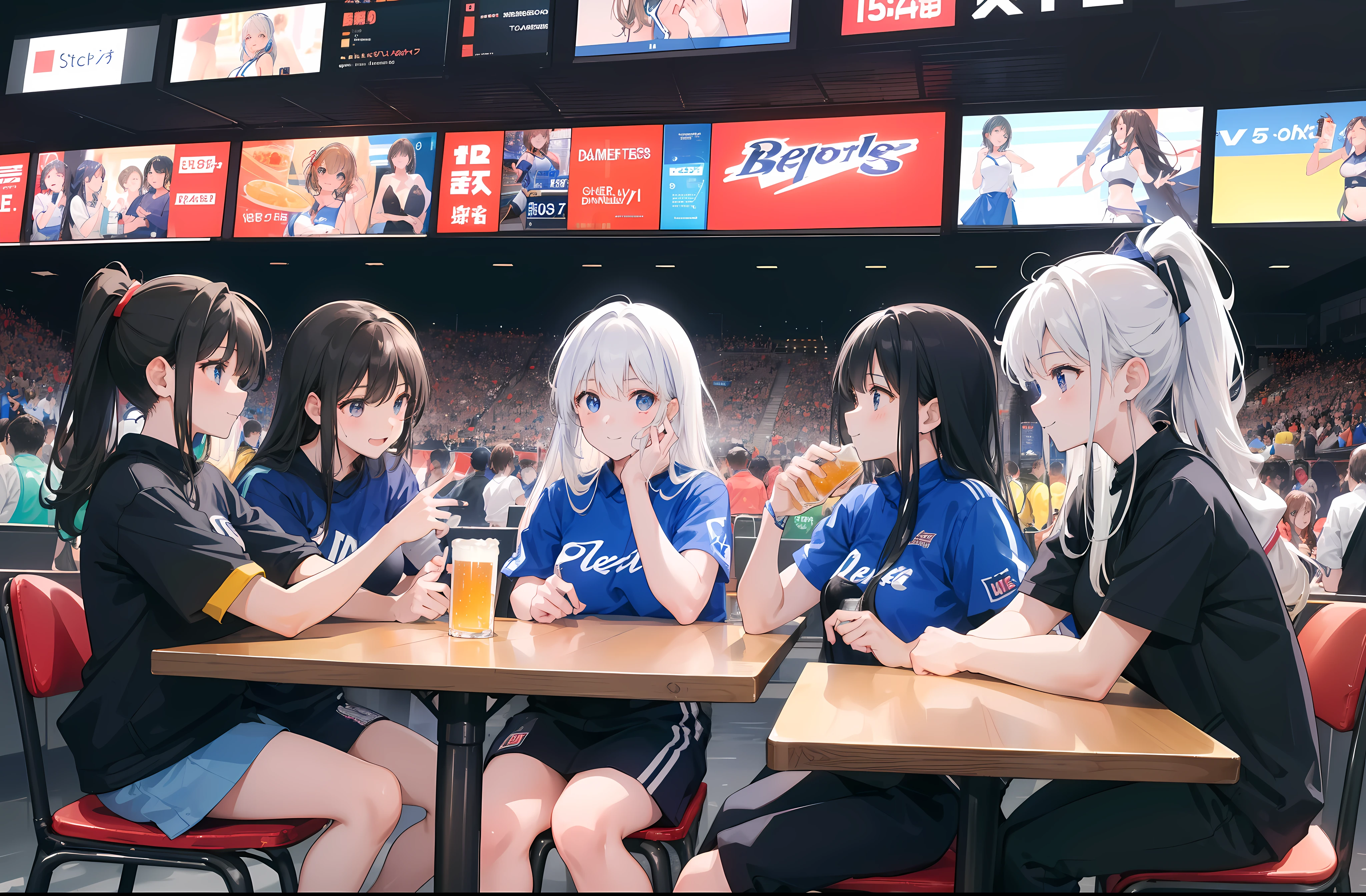 5girls sit down at the table in sports bar, beer and appetizer on the table, friend, fun, smile, , , watching sports on a monitor,
nighttime,
(Crowd people in the background, mens onlookers, being watched, crowd around:1.2)
absurd-resolution, ultra-detailed, best quality, ultra-detailed background,