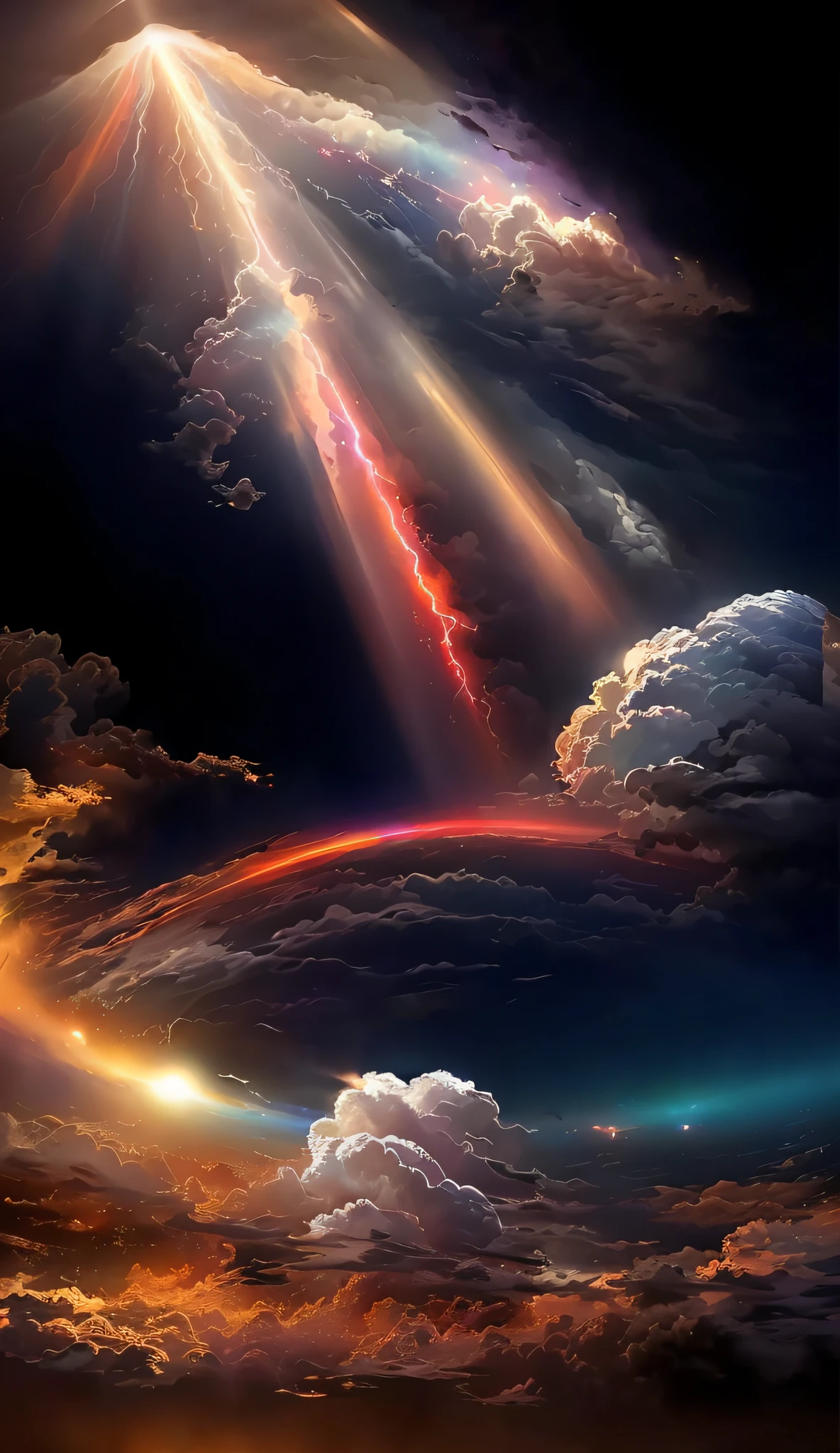 There is a picture of the sky with clouds, Glowing clouds, space clouds, surreal clouds, heavenly lights, red sprites in the atmosphere, Colorful clouds, Fractal sky, Rainbow clouds, Magnificent background, beautiful iphone wallpaper, Heavenly atmosphere, Heavenly lighting, Epic clouds and lighting, Dramatic dream lighting, surreal atmosphere, amazing wallpapers, fire from sky