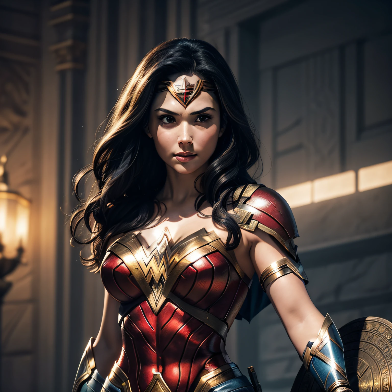Wonder Woman in high resolution for an artist or designer. The depiction should highlight her powerful and athletic figure, wearing her iconic red, blue, and gold armor. A vibrant color palette including red, blue, and gold should be used to convey the character's strength and valor. The armor's intricate details such as etchings, embossing, and angular lines should be emphasized, showcasing its protective and regal quality. The tiara and Lasso of Truth should be prominent, with the tiara sitting confidently on her forehead and the lasso coiled at her side. Subtle shading can be applied for depth and realism, enhancing the character's presence and determination. Incorporate Amazonian motifs or ancient Greek elements to represent Wonder Woman's heritage and identity. These elements can be integrated into the armor or background of the image. Ensure the depiction remains true to the character from DC comics and movies, conveying her bravery, compassion, and leadership. When collaborating with an artist or designer, provide these guidelines and references to create a high-resolution and quality representation of Wonder Woman that superhero fans and collectors will appreciate."
