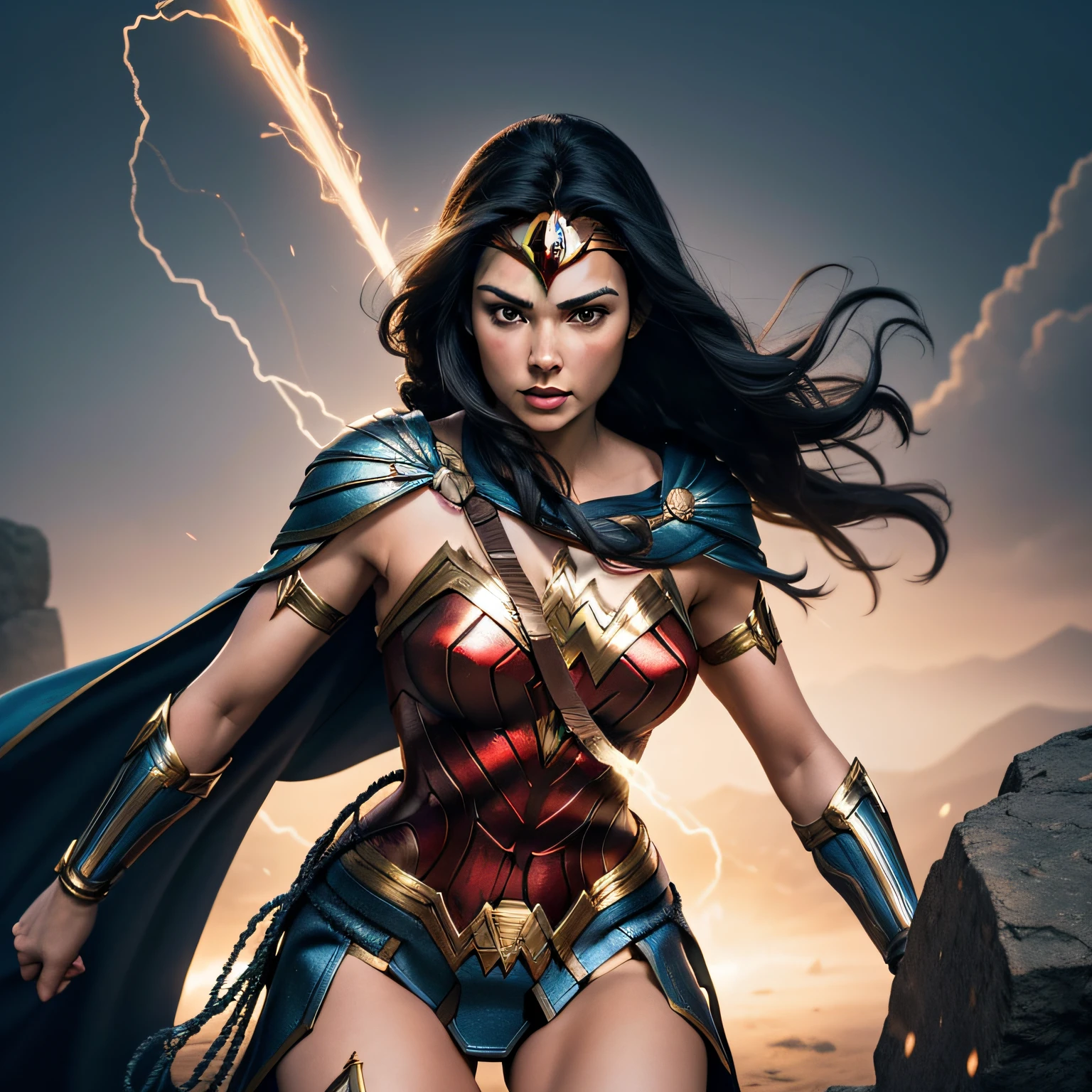 Wonder Woman in high resolution for an artist or designer. The depiction should highlight her powerful and athletic figure, wearing her iconic red, blue, and gold armor. A vibrant color palette including red, blue, and gold should be used to convey the character's strength and valor. The armor's intricate details such as etchings, embossing, and angular lines should be emphasized, showcasing its protective and regal quality. The tiara and Lasso of Truth should be prominent, with the tiara sitting confidently on her forehead and the lasso coiled at her side. Subtle shading can be applied for depth and realism, enhancing the character's presence and determination. Incorporate Amazonian motifs or ancient Greek elements to represent Wonder Woman's heritage and identity. These elements can be integrated into the armor or background of the image. Ensure the depiction remains true to the character from DC comics and movies, conveying her bravery, compassion, and leadership. When collaborating with an artist or designer, provide these guidelines and references to create a high-resolution and quality representation of Wonder Woman that superhero fans and collectors will appreciate."