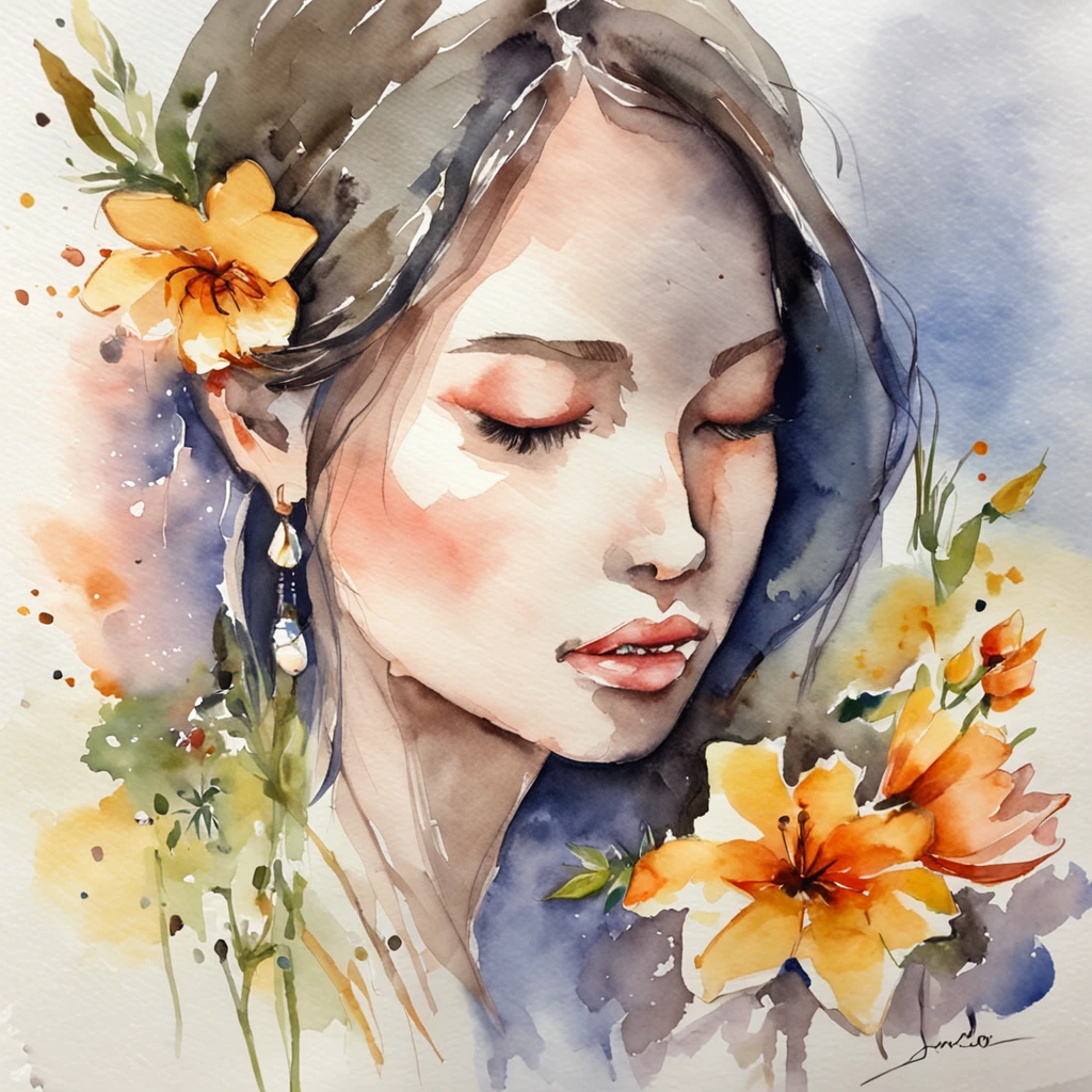 Watercolor Painting of a beautiful girl : : Trending on Artstation: :  The simple composition creates a sense of order and harmony. The painting captures the spiritual qualities of the natural world. --uplight --ar 9:16