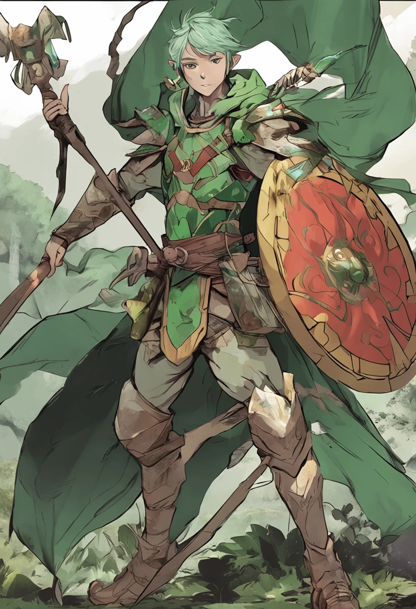 in Japanese anime style, imagine an adult forest elf man with short, green hair holding a shield and a spear in each hand.