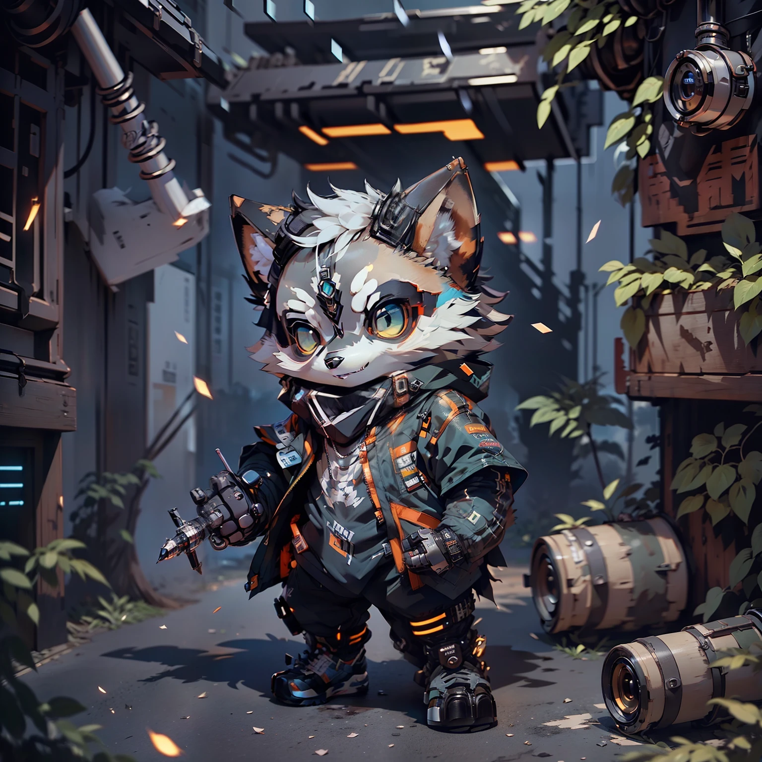 Cute metal raccoon、cyborgs、Cyberpunk style、((intricate-detail))、nffsw、((intricate-detail、ultra-detailliert))、Cinematic shots、high-detail、I have a smartphone