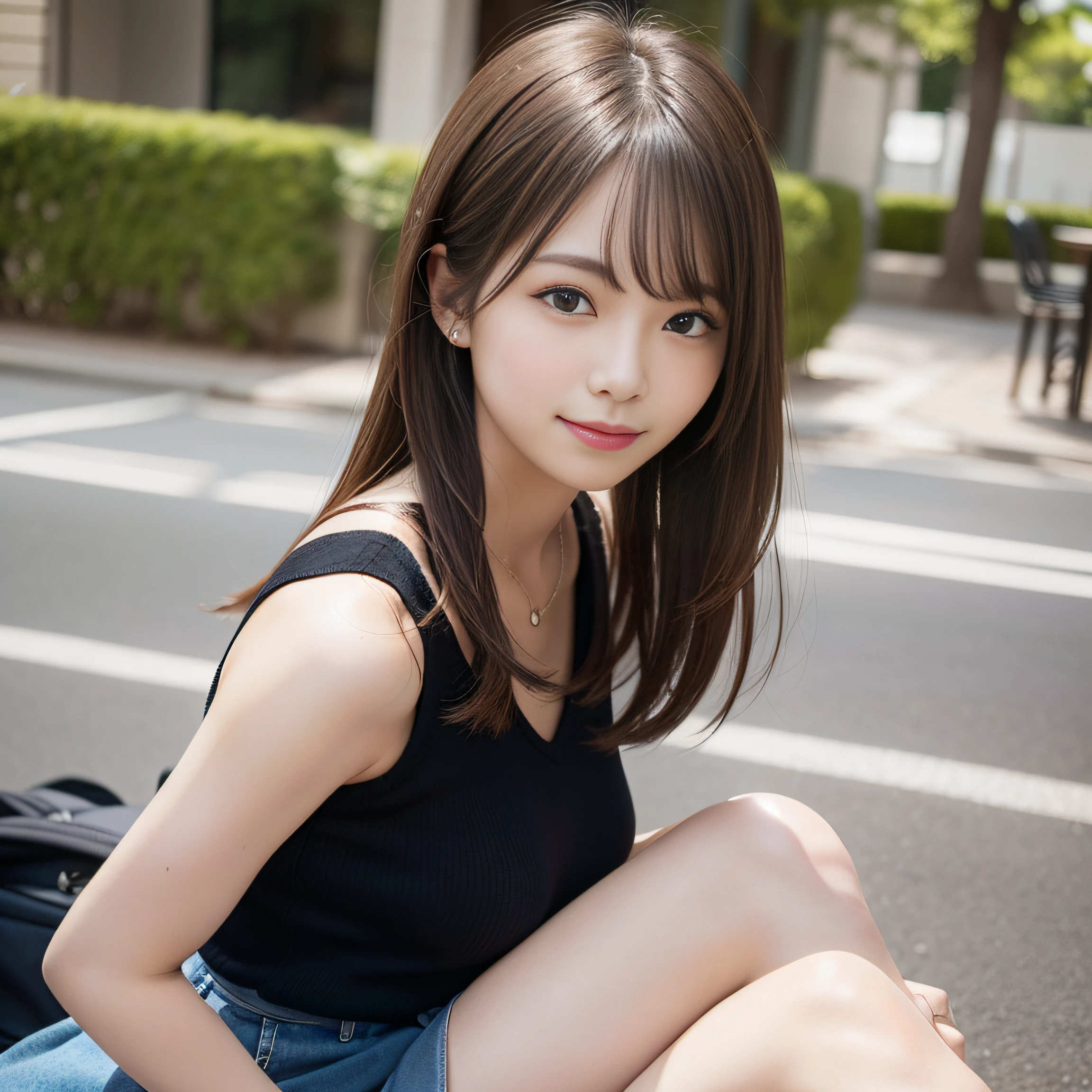 in 8K,Best Quality:1.4, 超A high resolution:1.5, (Photorealistic:1.4),masterpiece:1.2,(top-quality:1.4)、 Raw photo、 (From the knee up:1.6), (the background is blurred), a park,FULL BODYSHOT:1.4、 1日本人の女の子, Cute, (Solo), (Shy smile), Smooth skin、(28 year old:1.2)、TThe shirt、to stand、Check miniskirt、Cute mini skirt、 (Brown medium hair,Bangs), (touch hair:1.4)、nogizaka、cute little、Supple fingertips,Beautiful black eyes、natural skin textures:1.3, realistic eyes and face details:1.7、middlebreasts、Toned buttocks、gazing at viewer、Camera moves backward 3m:1.3、low angles、thighs thighs thighs thighs