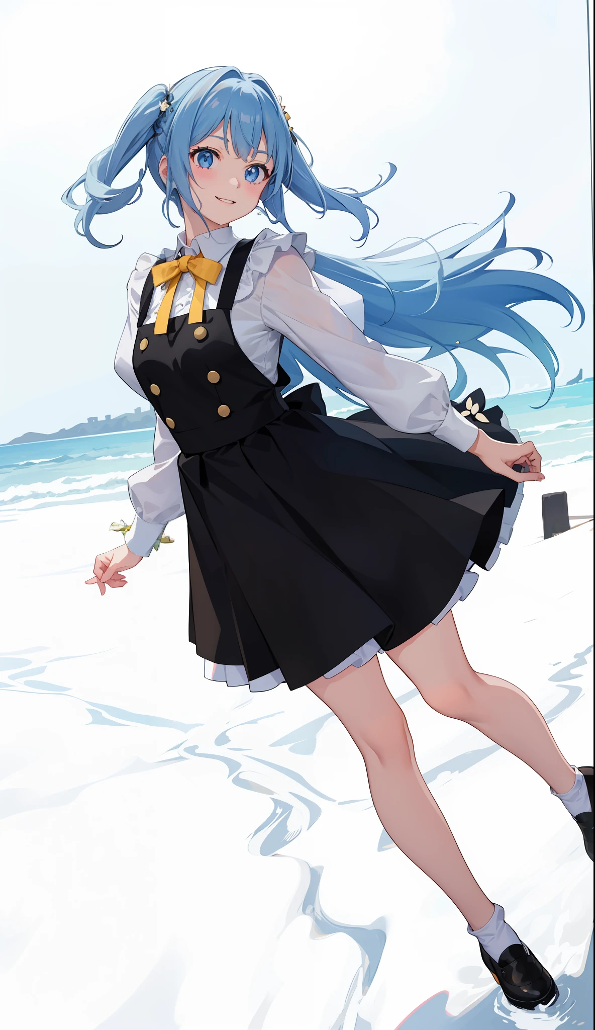 1girl in、A smile、A delightful! The shirt、skirt by the、(small tits)pinafore、doress、hair adornments、(Maids)、Run refreshing!spring breeze、