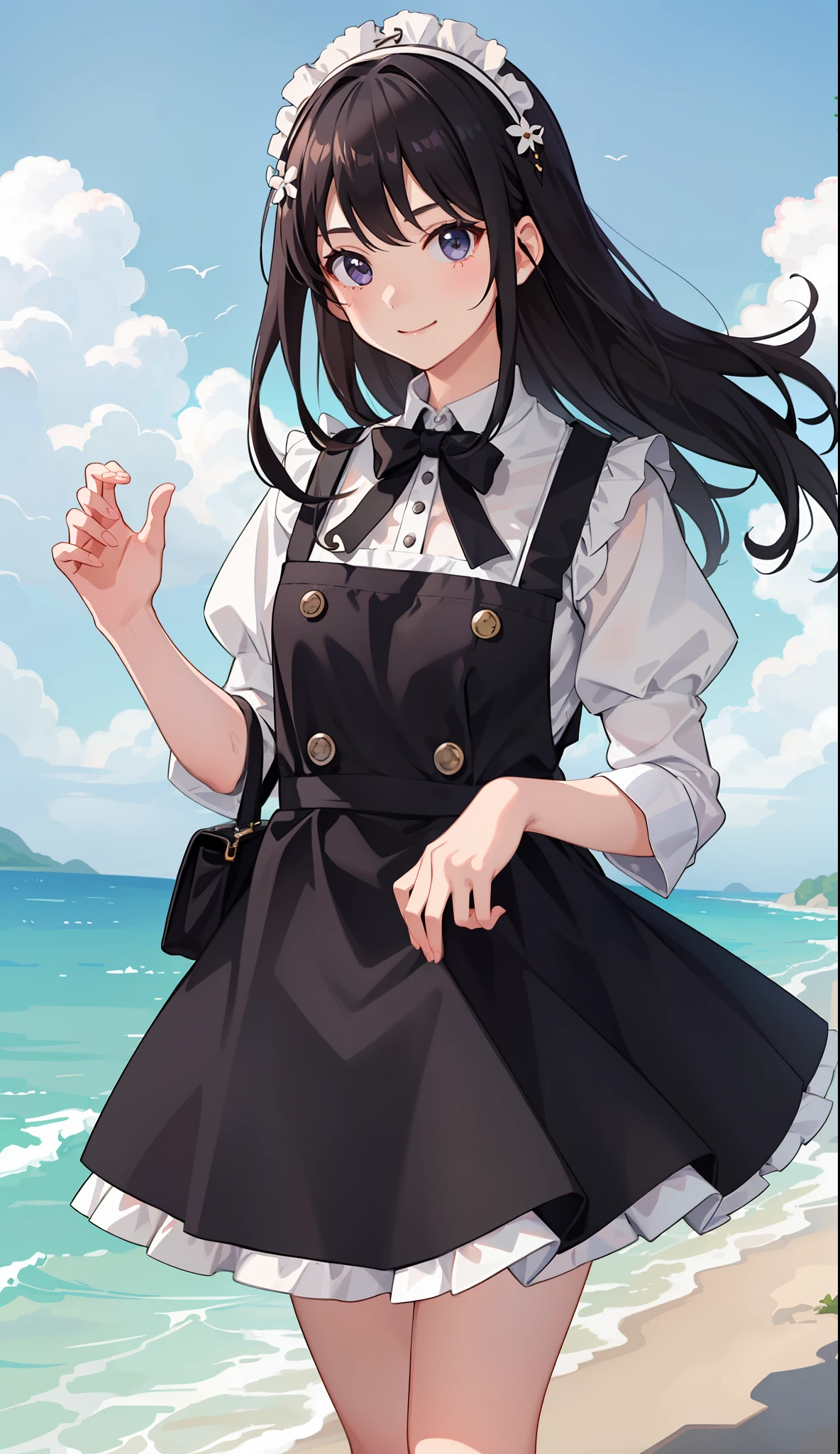 1girl in、A smile、A delightful! The shirt、skirt by the、(small tits)pinafore、doress、hair adornments、(Maids)、Run refreshing!spring breeze、