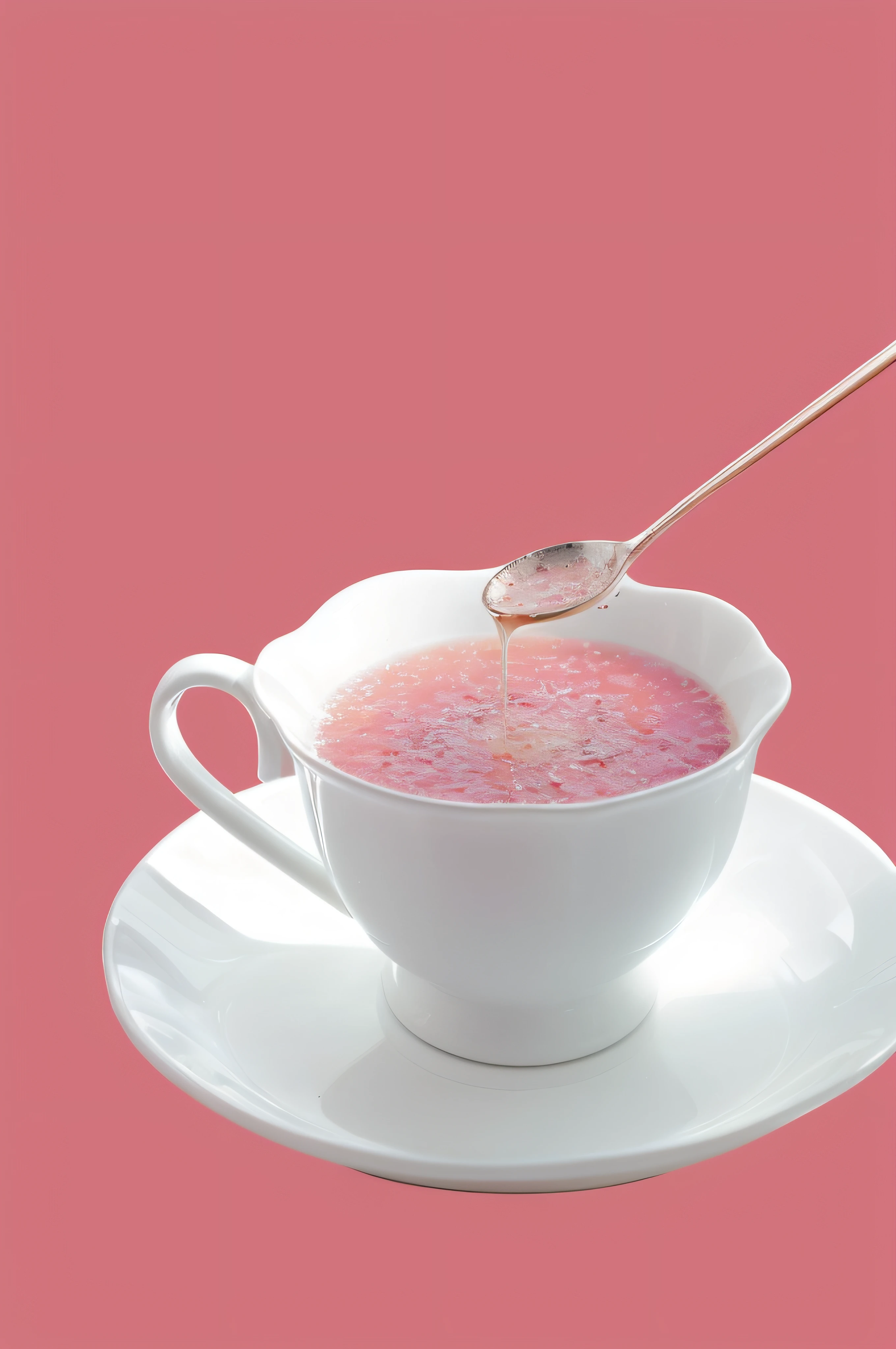 Place the spoon in a cup of soup, The soup has red dates and purple sweet potato cubes