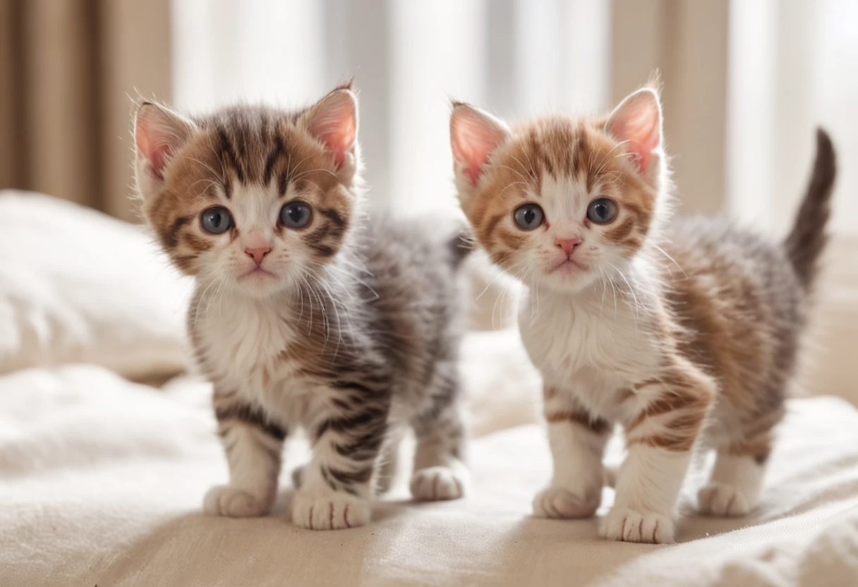 2 cute kittens playing in the morning light, pixar, adorable