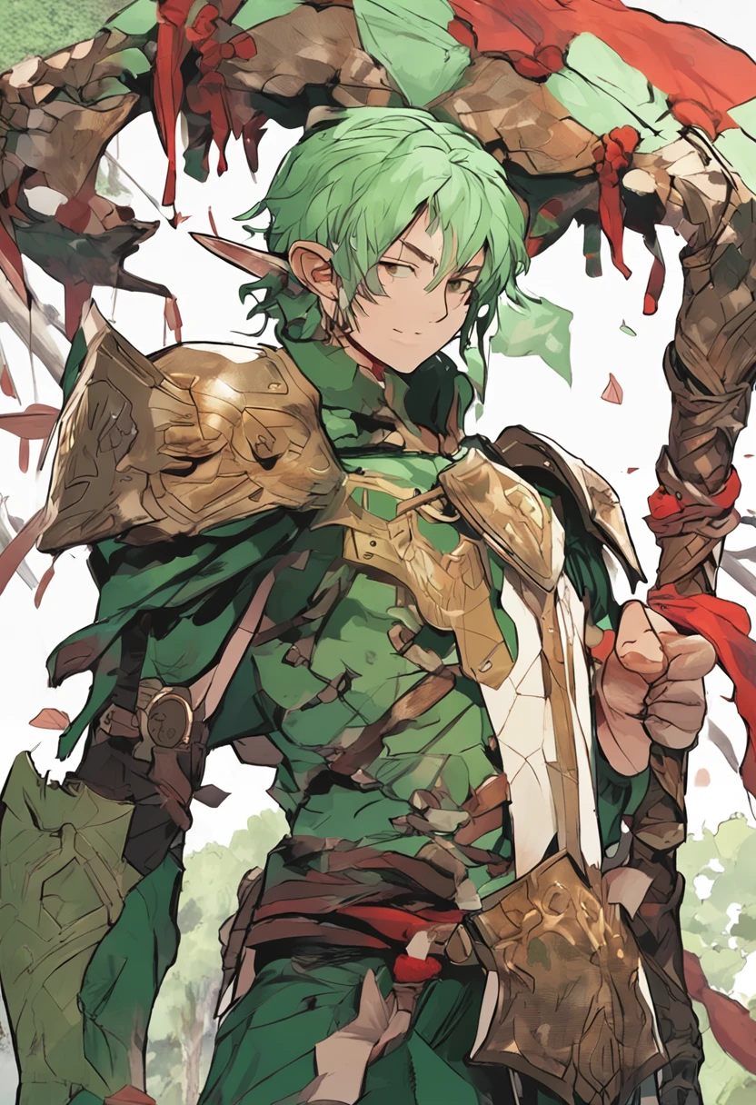 in Japanese anime style, imagine an adult forest elf man with short, green hair holding a shield and a spear in each hand.