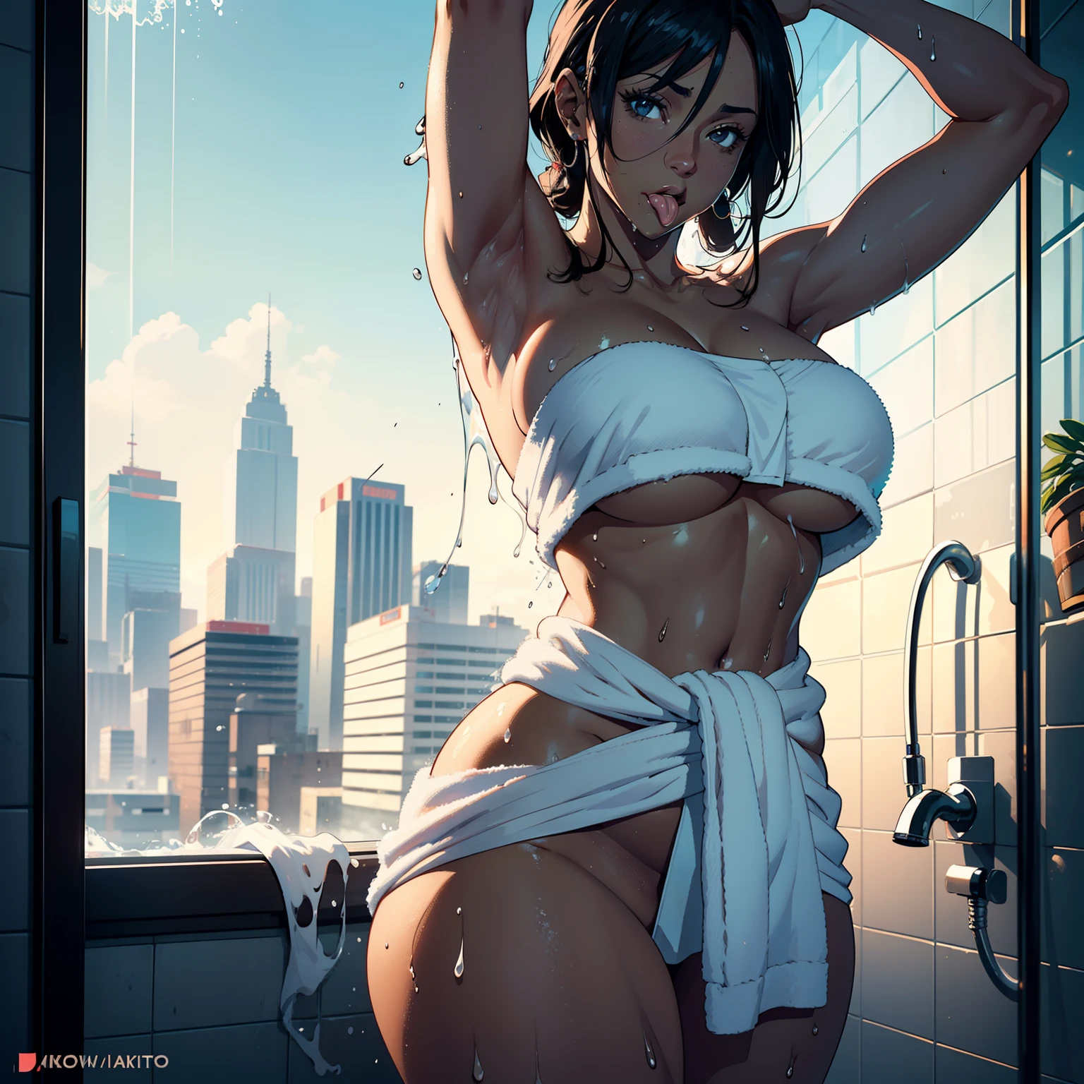 (high resolution, The pixels are perfect, luxurious illustration), (hyper qualit, Masterpiece, Ethereal: 1.4),(Solo:1.4),Let her be naked，A woman，seen through glass，breasts on glass,Glass butt， Realistis， ((No bra))，nacked hip，wetted skin， the wallpaper，full bodyesbian，Carmelto,，Stand in the shower，covering breasts，covering crotch，Back down， spilled milk,There is milk at the corner of the mouth，(((There is only a soaked towel around the waist)))，Carmelto，a mature female，Ass focus，Black areola，Female leakage，Armpit hairy，Sexual suggestiveness，(((A MILF: 1.4))), (Curvy:1.35),((((Dark skin))))，long whitr hair，Curvy physique, Fitness model, Thick body,(((Implicit tonguejob)))