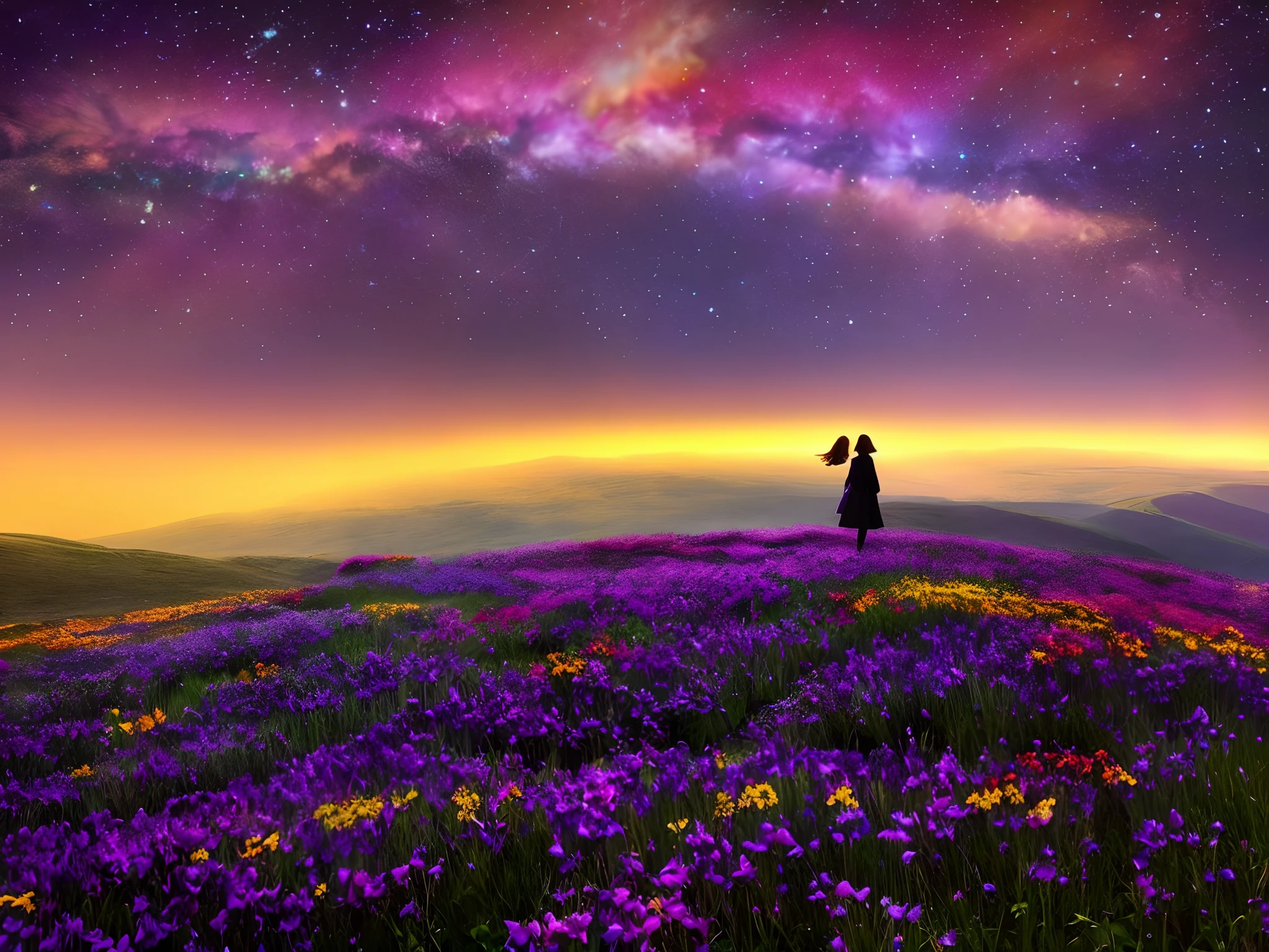 A wide landscape photo, (viewed from below, the sky is above, and the open field is below), a girl standing on a flower field looking up, (full moon: 1.2), (meteor: 0.9), (nebula: 1.3), distant mountains , Trees BREAK Crafting Art, (Warm Light: 1.2), (Firefly: 1.2), Lights, Lots of Purple and Orange, Intricate Details, Volumetric Lighting BREAK (Masterpiece: 1.2), (Best Quality), 4k, Ultra Detailed, (Dynamic Composition: 1.4), Rich in Detail and Color, (Rainbow Color: 1.2), (Glow, Atmospheric Lighting), Dreamy, Magical, (Solo: 1.2)