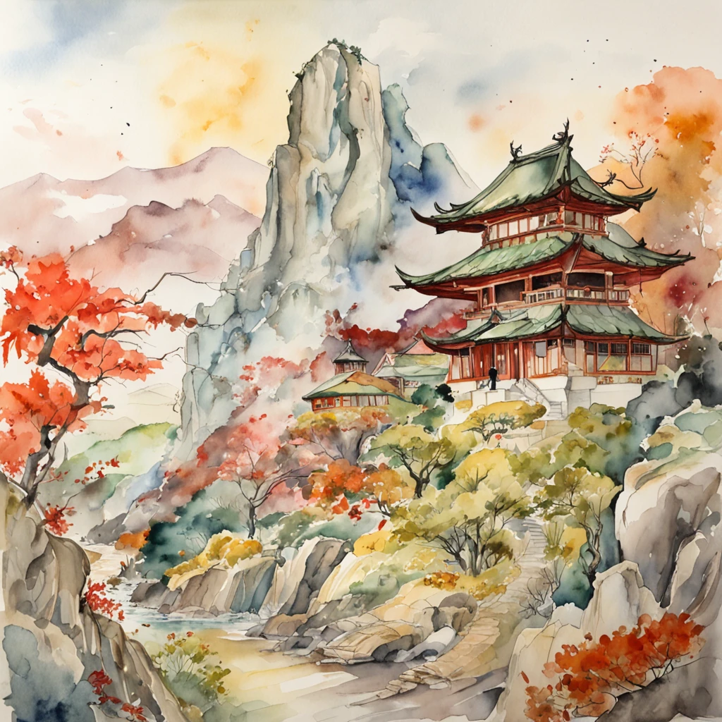 Watercolor Paint and Ink Drawing of Japanese Samurai Dragon, Watercolor Painting of a Mountain and a Village in the Desert by James Jean, John William Waterhouse, Gustav Klimt, Frank Lloyd Wright.  --w 4096 --h 2160