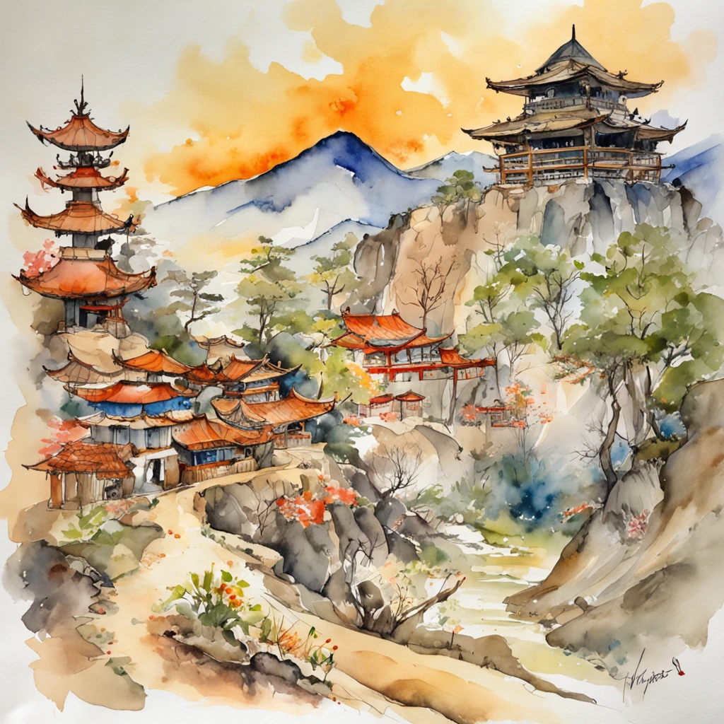 Watercolor Paint and Ink Drawing of Japanese Samurai Dragon, Watercolor Painting of a Mountain and a Village in the Desert by James Jean, John William Waterhouse, Gustav Klimt, Frank Lloyd Wright.  --w 4096 --h 2160
