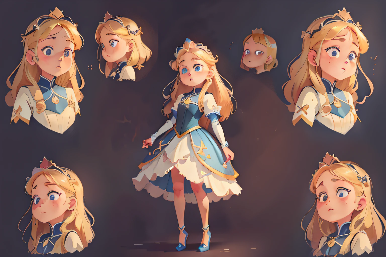 a beautiful princess daughter of a king in many positions drawing sheet blue eyes verid blonde and crown bright heels, features cheerful sad scared fearless motivated smart, in high resolution 8k focus detailed