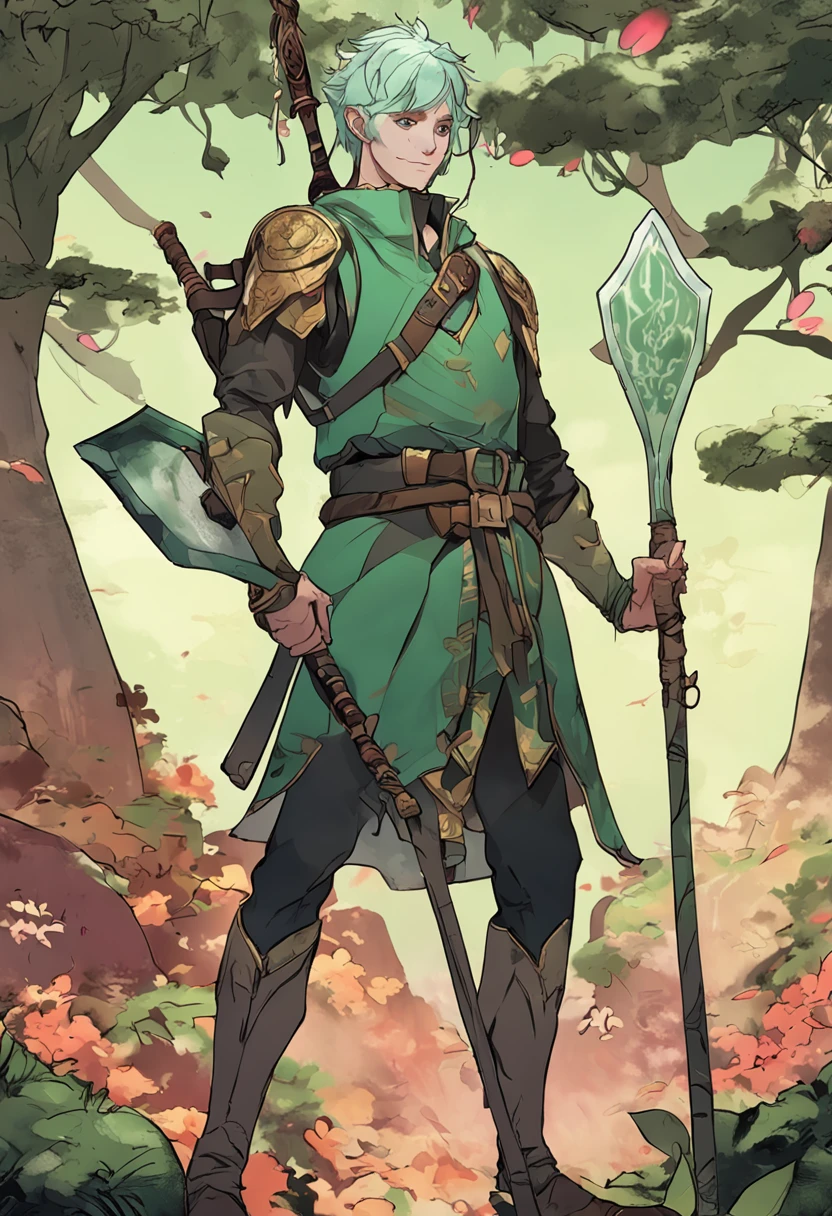 in Japanese anime style, imagine an adult forest elf man with short, green hair holding a shield and a spear in each hand.